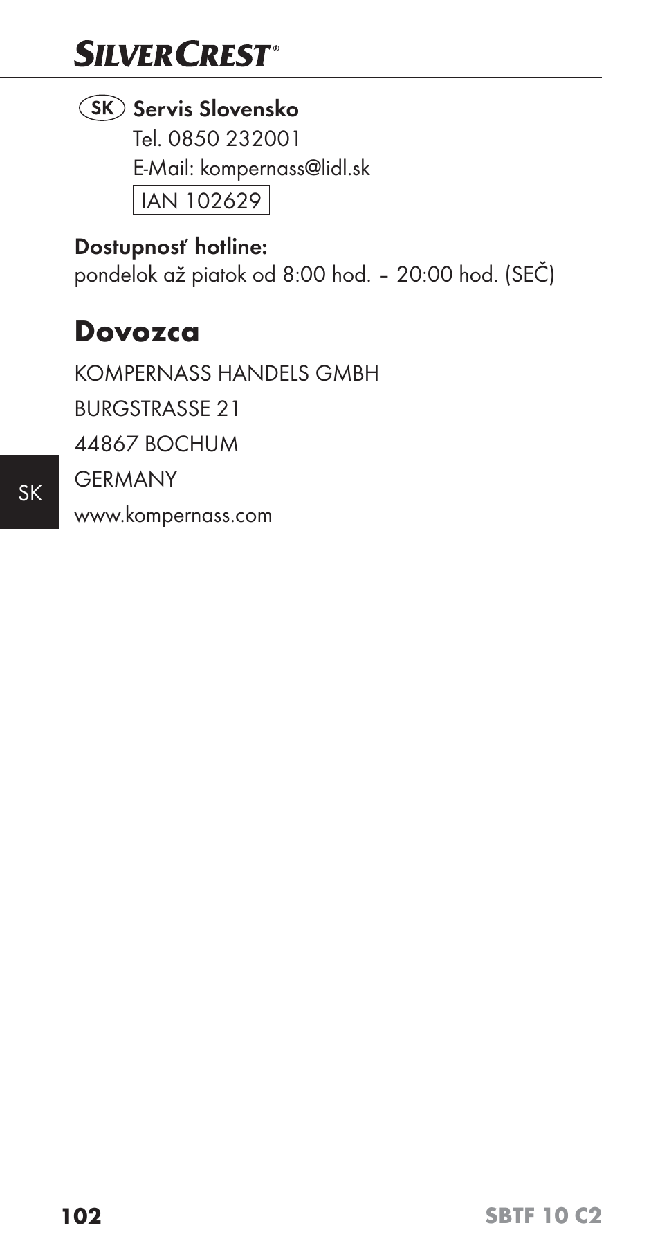 Dovozca | Silvercrest SBTF 10 C2 User Manual | Page 105 / 126