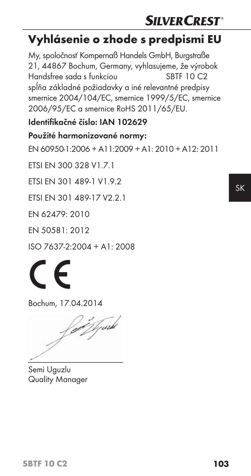 Vyhlásenie o zhode s predpismi eu | Silvercrest SBTF 10 C2 User Manual | Page 106 / 126