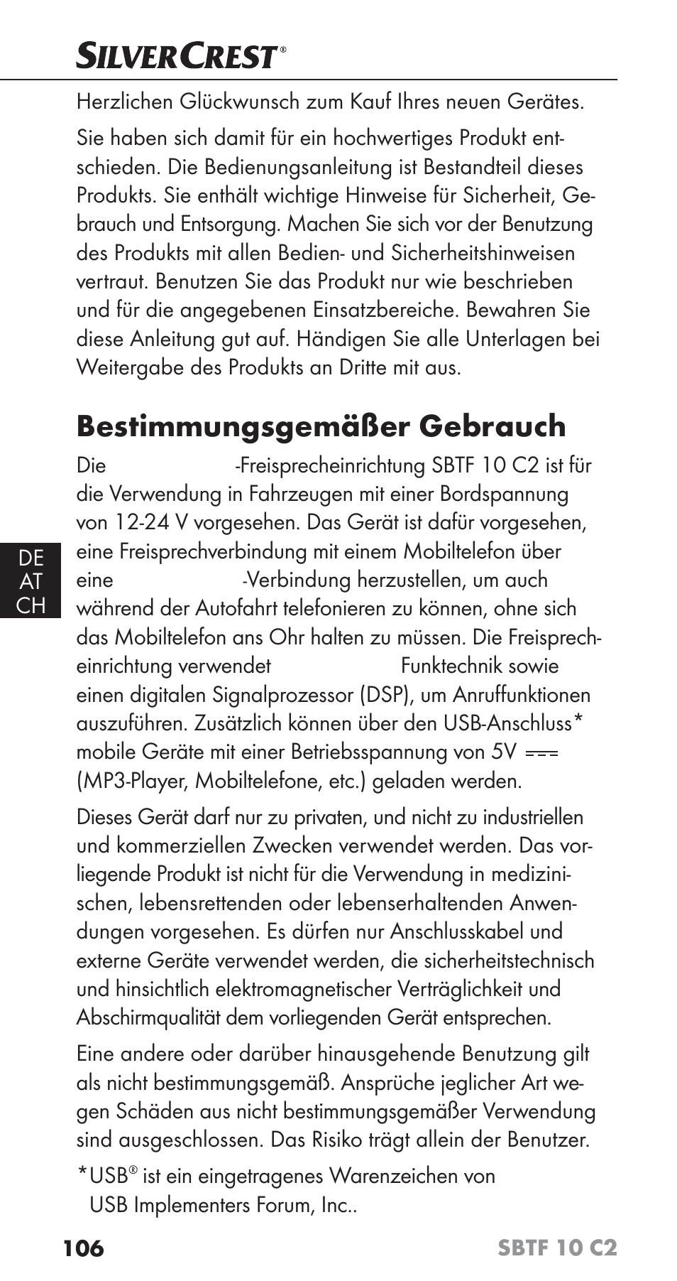 Bestimmungsgemäßer gebrauch | Silvercrest SBTF 10 C2 User Manual | Page 109 / 126