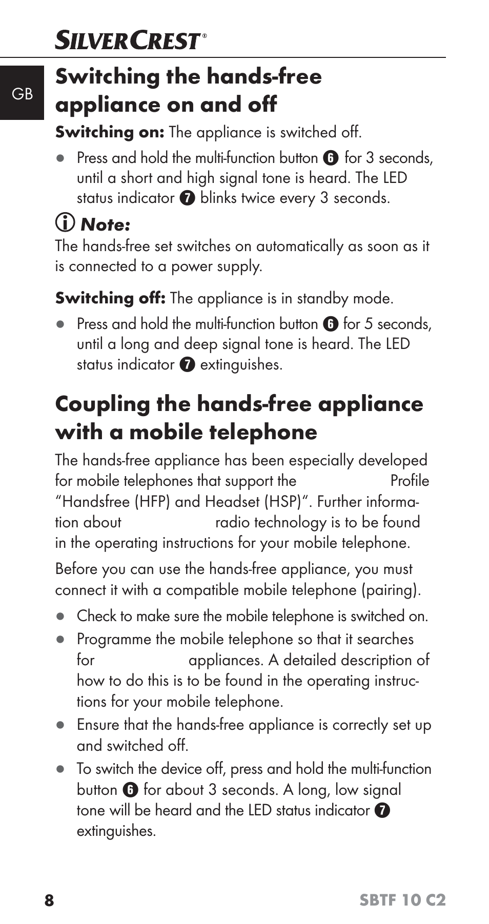 Switching the hands-free appliance on and oﬀ | Silvercrest SBTF 10 C2 User Manual | Page 11 / 126