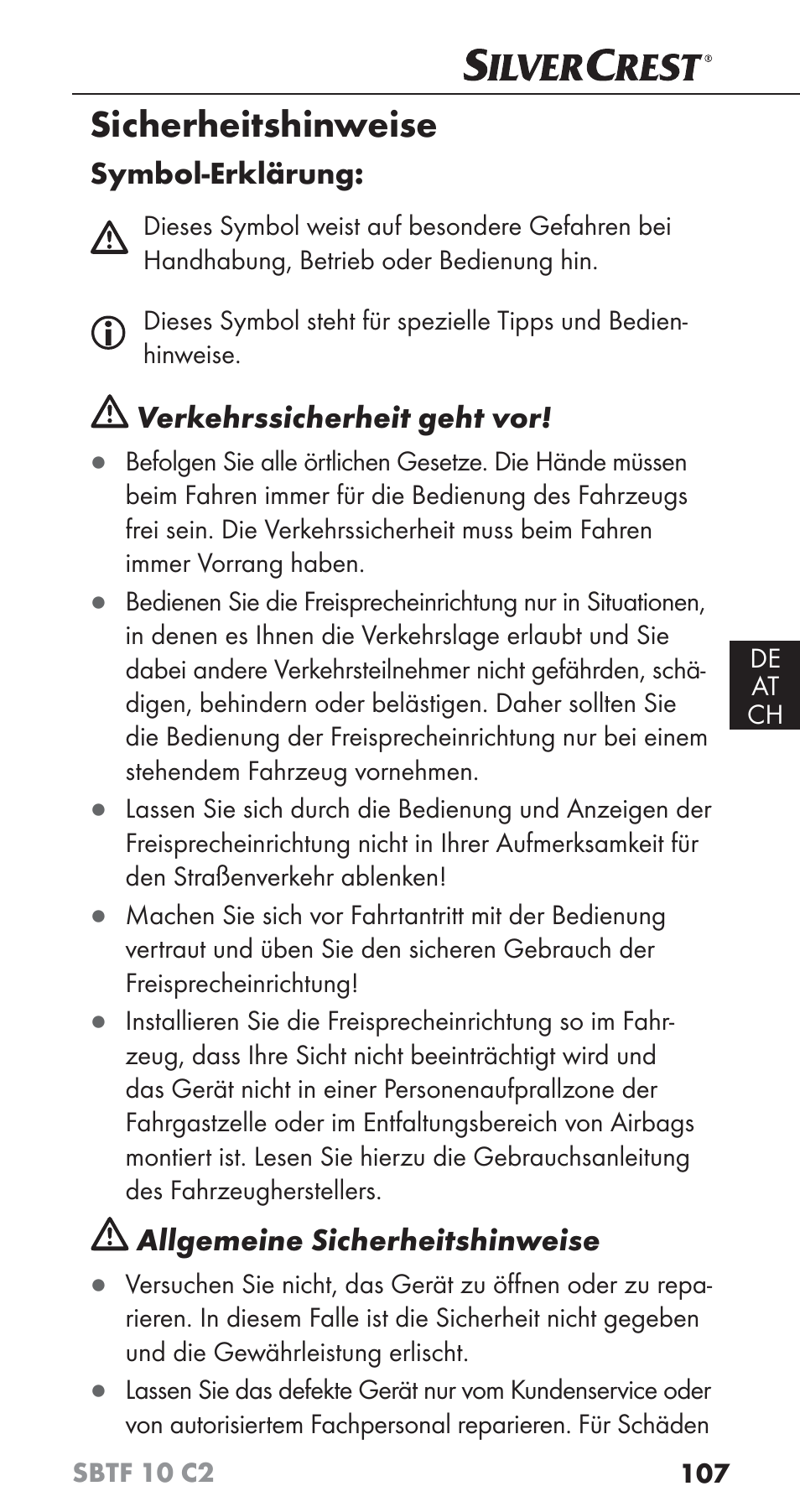 Sicherheitshinweise | Silvercrest SBTF 10 C2 User Manual | Page 110 / 126