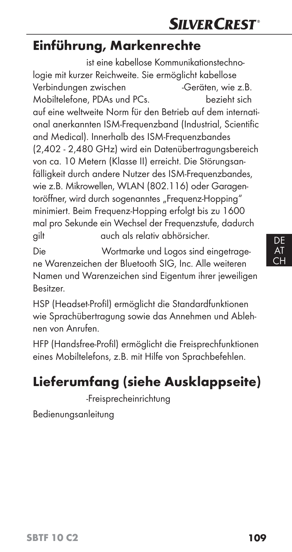 Einführung, markenrechte, Lieferumfang (siehe ausklappseite) | Silvercrest SBTF 10 C2 User Manual | Page 112 / 126