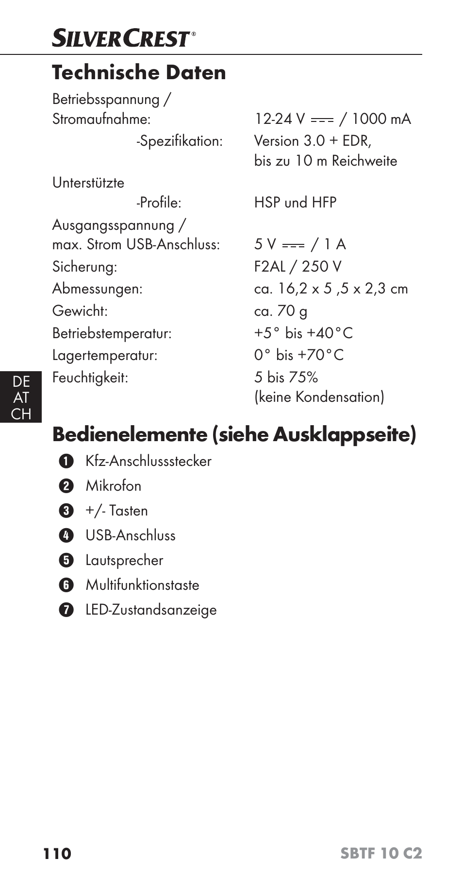 Technische daten, Bedienelemente (siehe ausklappseite) | Silvercrest SBTF 10 C2 User Manual | Page 113 / 126
