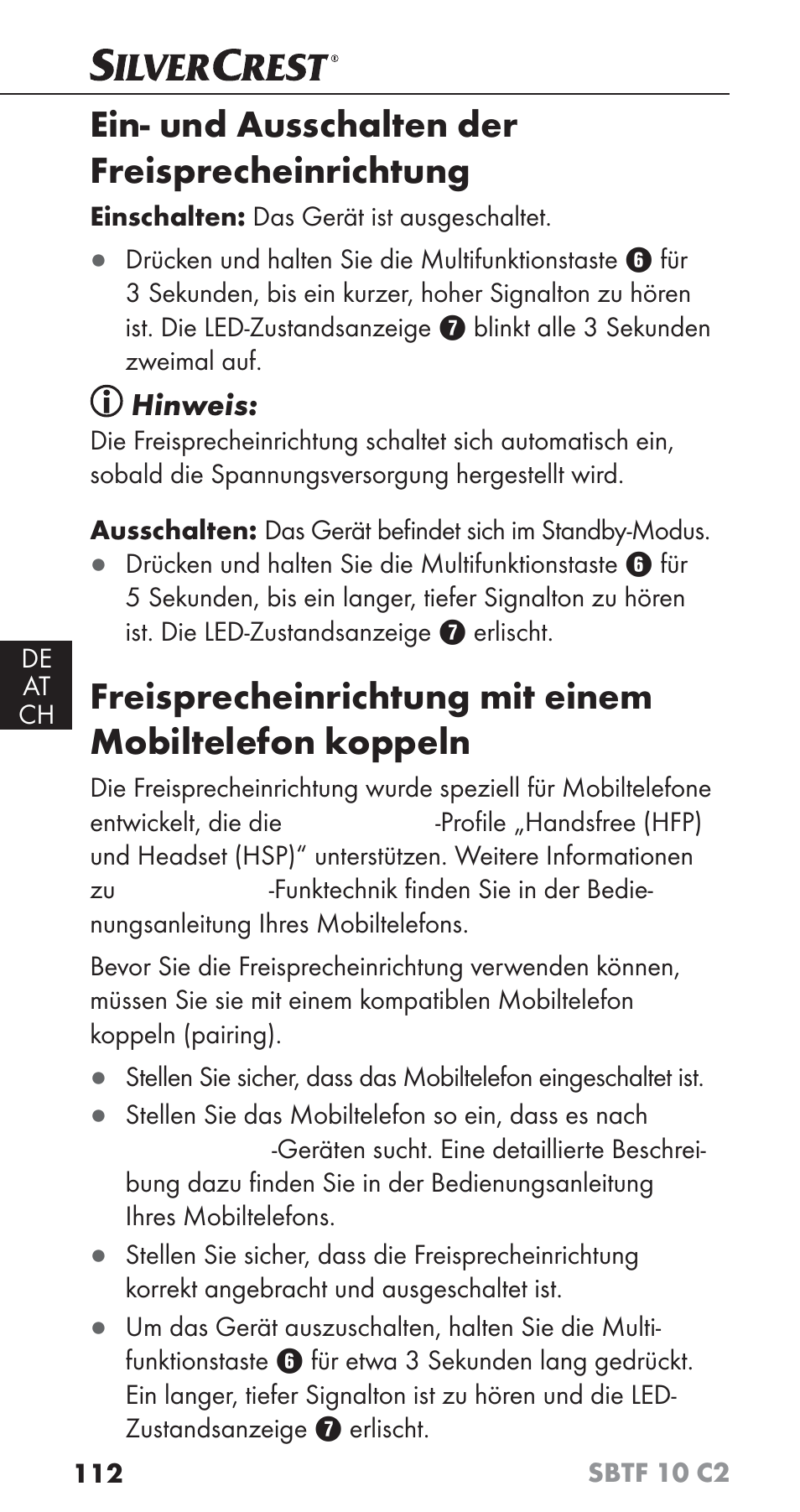 Ein- und ausschalten der freisprecheinrichtung, Hinweis | Silvercrest SBTF 10 C2 User Manual | Page 115 / 126