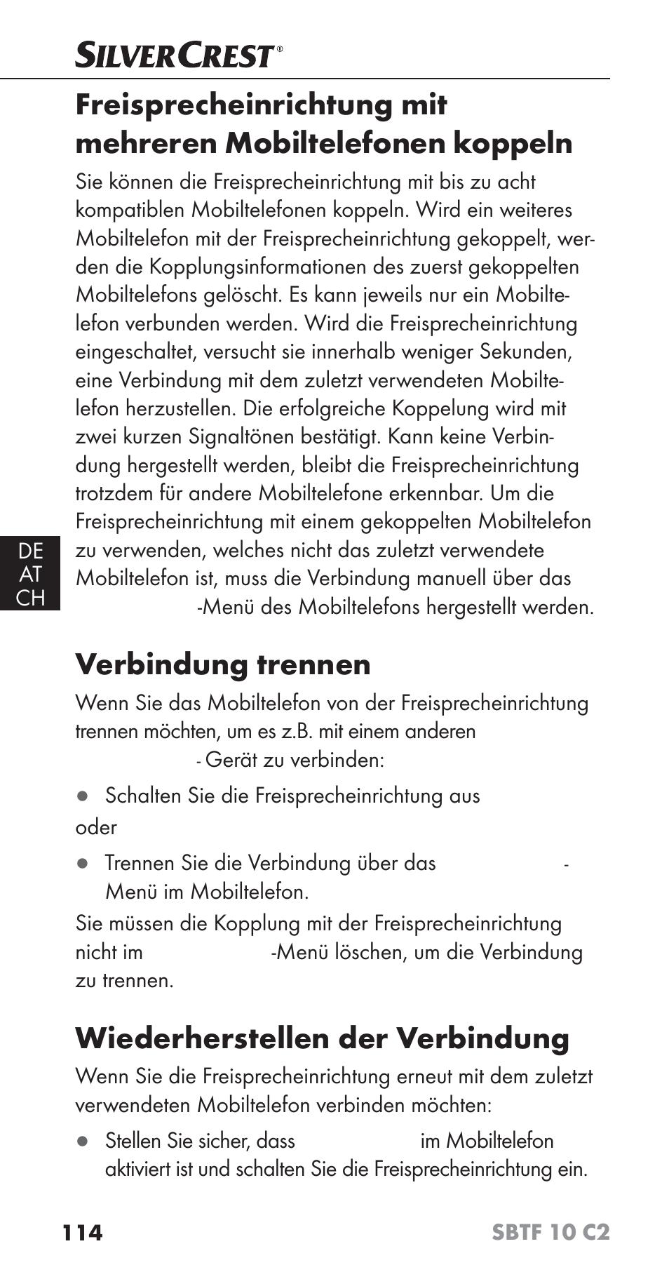 Verbindung trennen, Wiederherstellen der verbindung | Silvercrest SBTF 10 C2 User Manual | Page 117 / 126