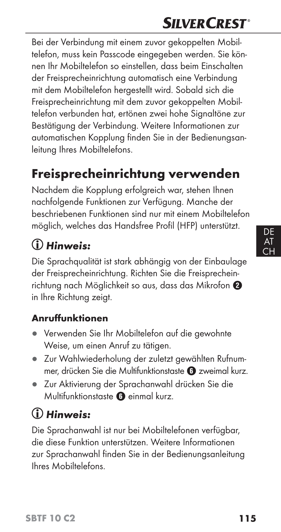 Freisprecheinrichtung verwenden | Silvercrest SBTF 10 C2 User Manual | Page 118 / 126