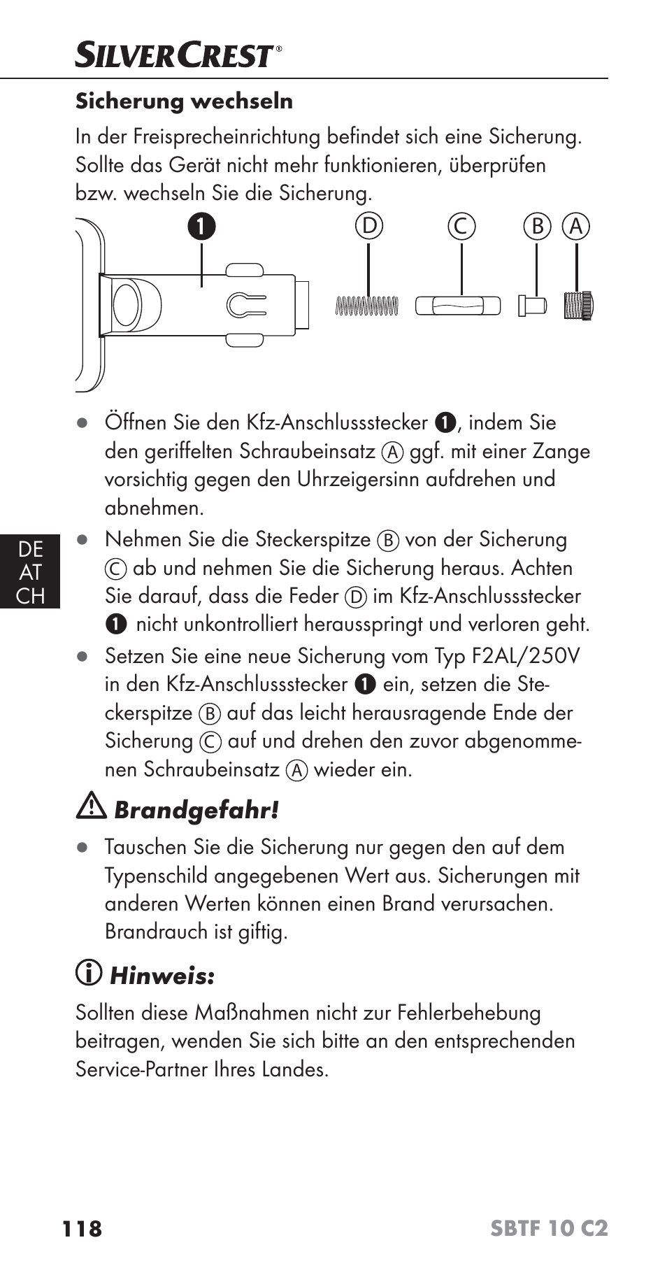 Brandgefahr, Hinweis | Silvercrest SBTF 10 C2 User Manual | Page 121 / 126