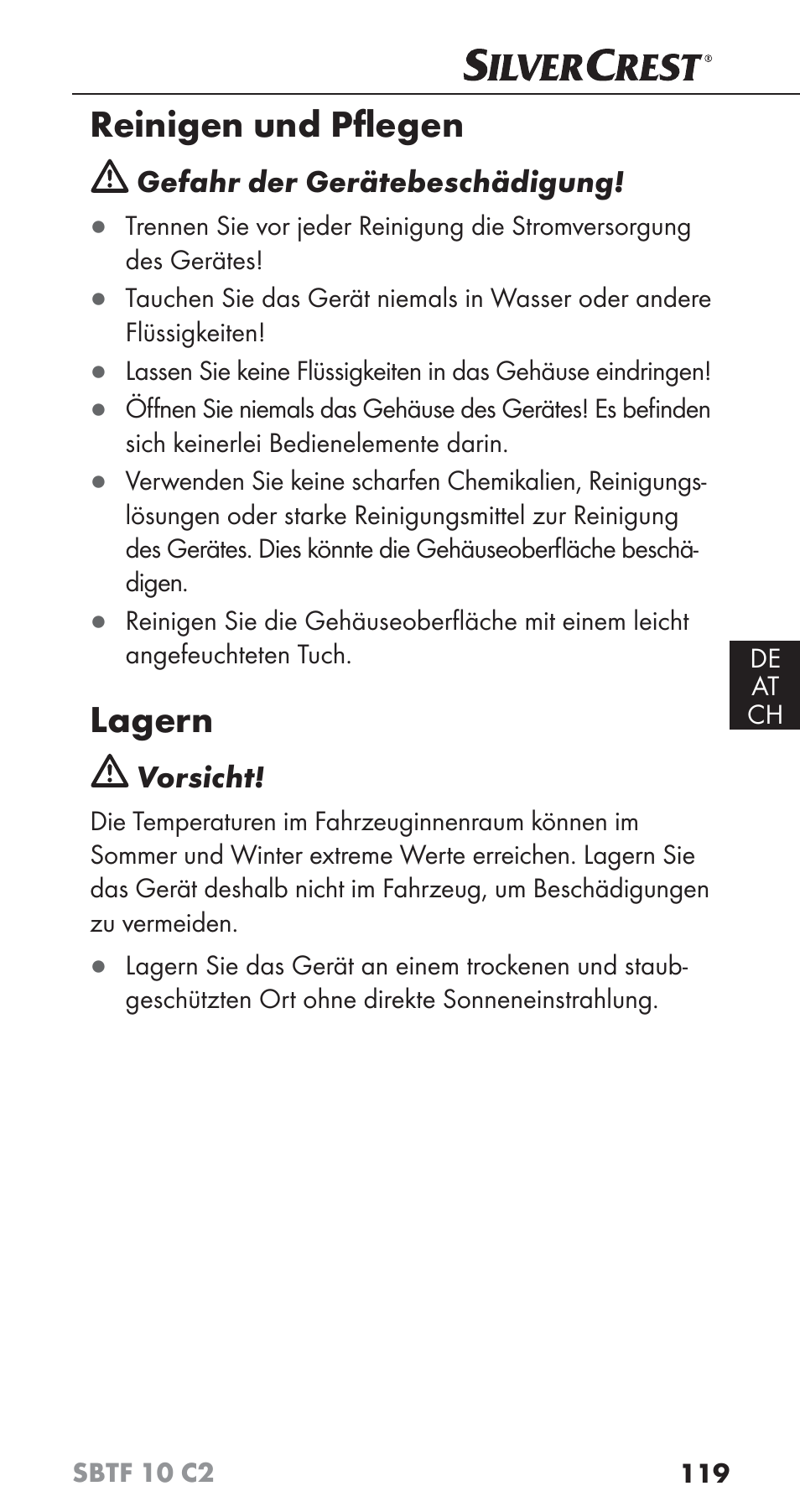 Reinigen und pﬂ egen, Lagern | Silvercrest SBTF 10 C2 User Manual | Page 122 / 126