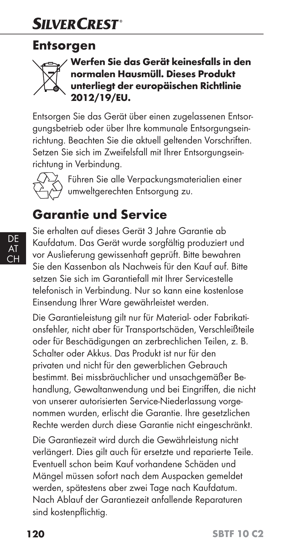 Entsorgen, Garantie und service | Silvercrest SBTF 10 C2 User Manual | Page 123 / 126