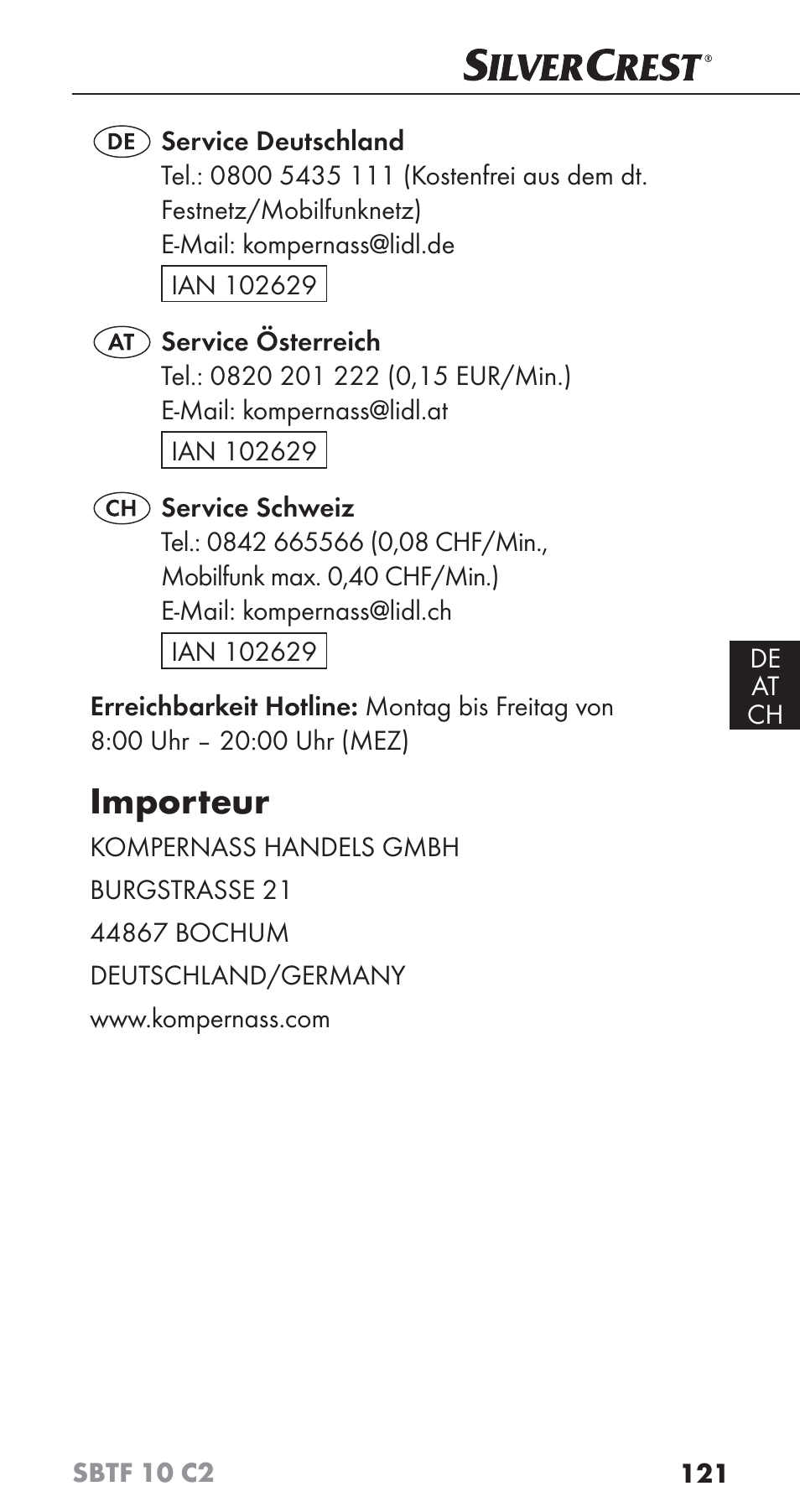 Importeur | Silvercrest SBTF 10 C2 User Manual | Page 124 / 126