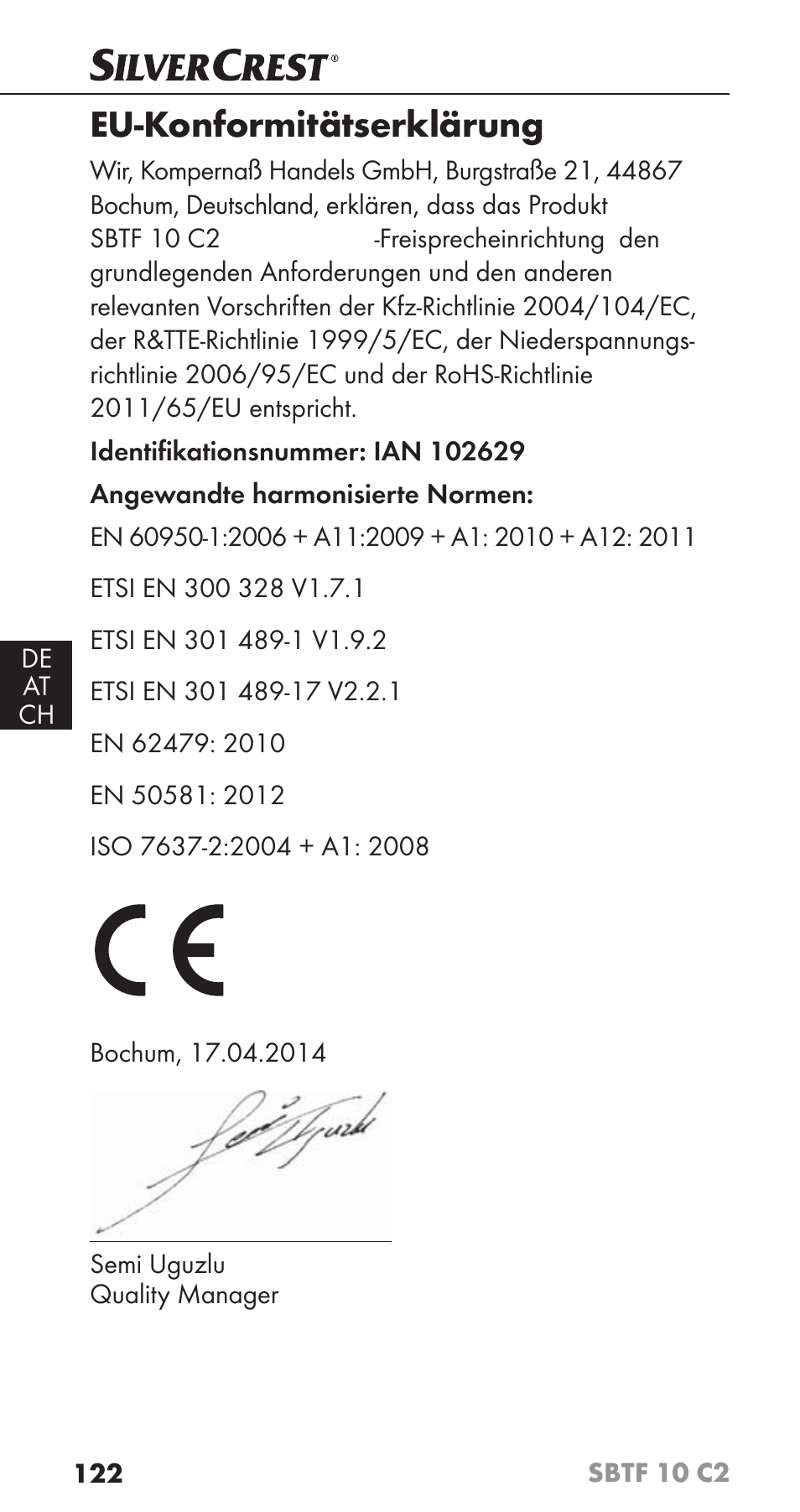 Eu-konformitätserklärung | Silvercrest SBTF 10 C2 User Manual | Page 125 / 126