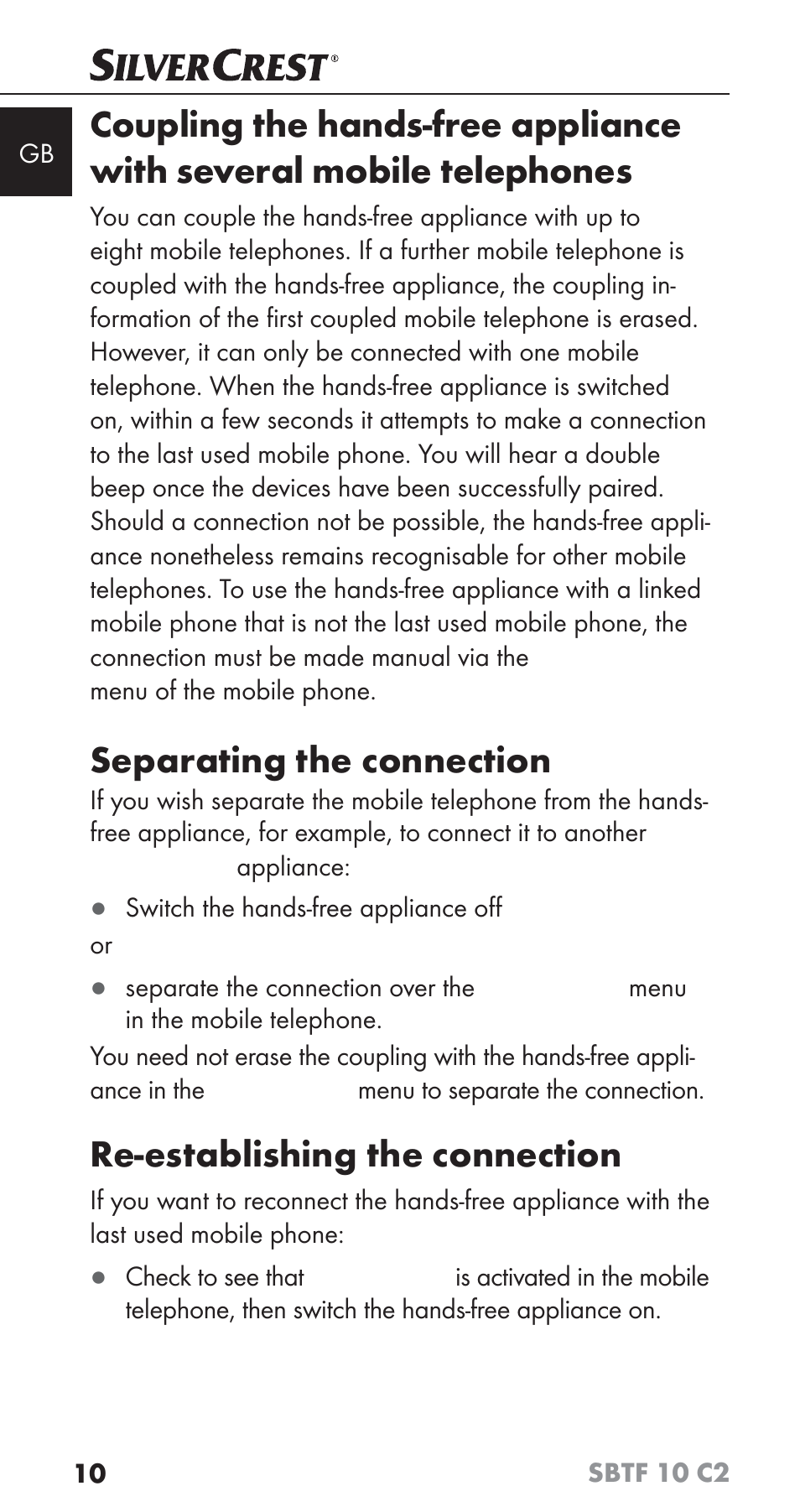 Separating the connection, Re-establishing the connection | Silvercrest SBTF 10 C2 User Manual | Page 13 / 126