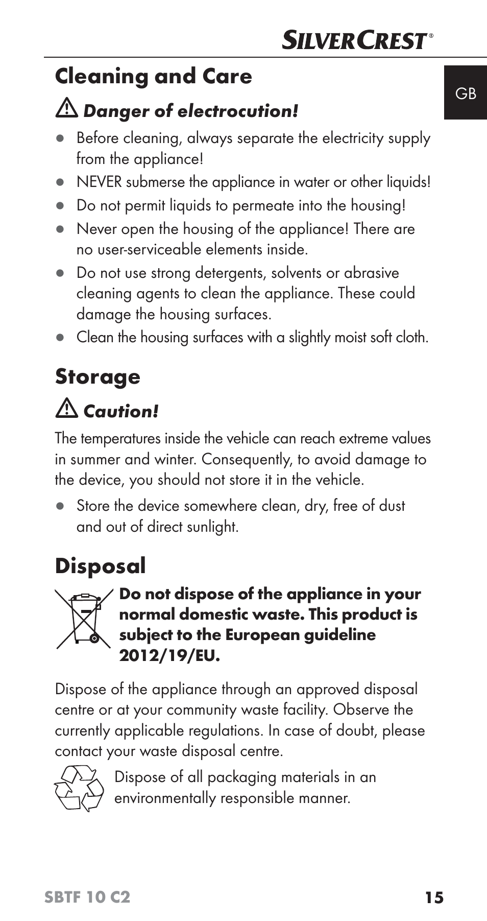 Cleaning and care, Storage, Disposal | Silvercrest SBTF 10 C2 User Manual | Page 18 / 126