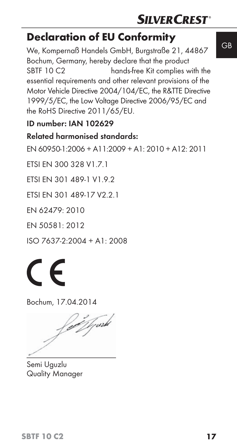 Declaration of eu conformity | Silvercrest SBTF 10 C2 User Manual | Page 20 / 126