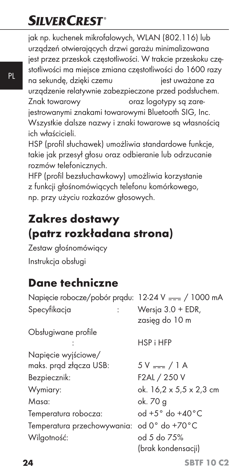 Zakres dostawy (patrz rozkładana strona), Dane techniczne | Silvercrest SBTF 10 C2 User Manual | Page 27 / 126