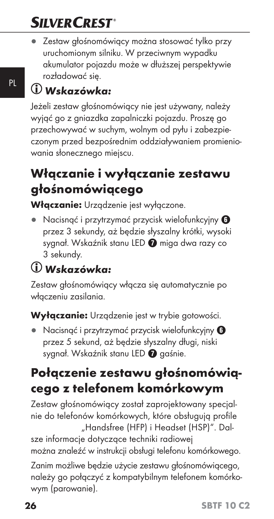 Włączanie i wyłączanie zestawu głośnomówiącego, Wskazówka | Silvercrest SBTF 10 C2 User Manual | Page 29 / 126