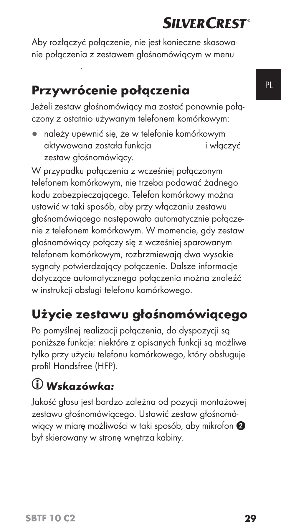Przywrócenie połączenia, Użycie zestawu głośnomówiącego, Wskazówka | Silvercrest SBTF 10 C2 User Manual | Page 32 / 126
