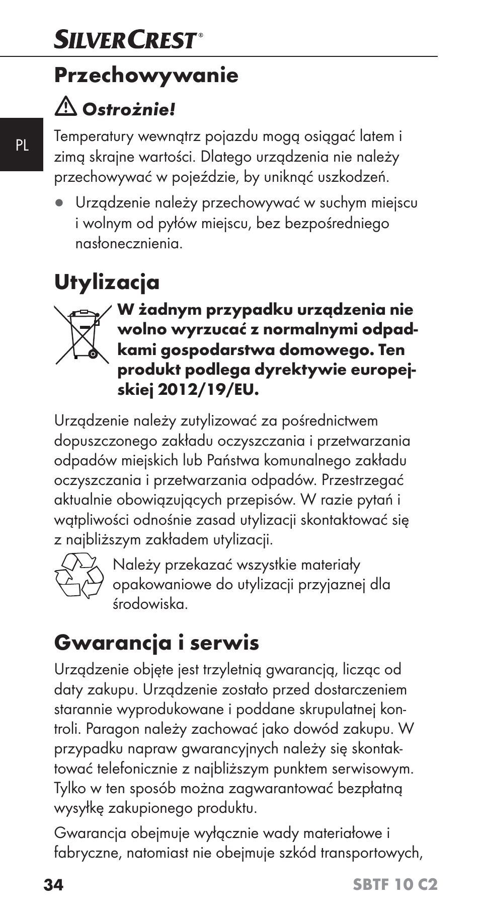 Przechowywanie, Utylizacja, Gwarancja i serwis | Silvercrest SBTF 10 C2 User Manual | Page 37 / 126