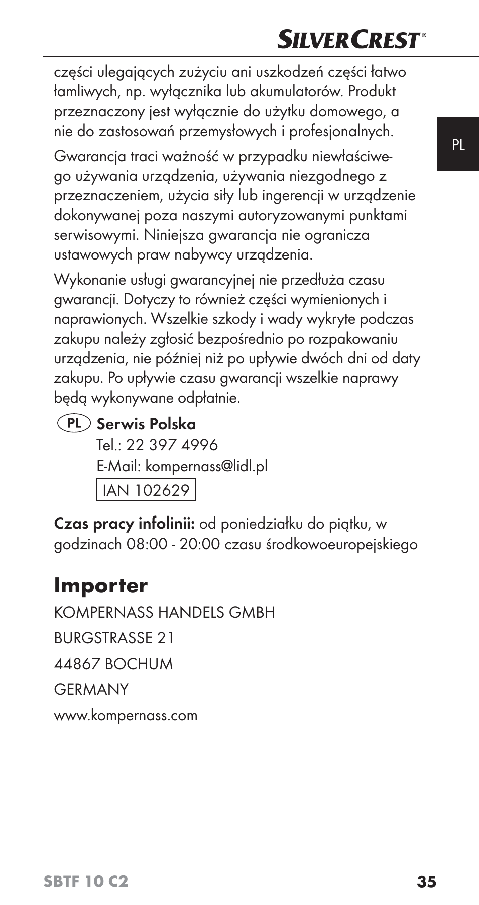 Importer | Silvercrest SBTF 10 C2 User Manual | Page 38 / 126