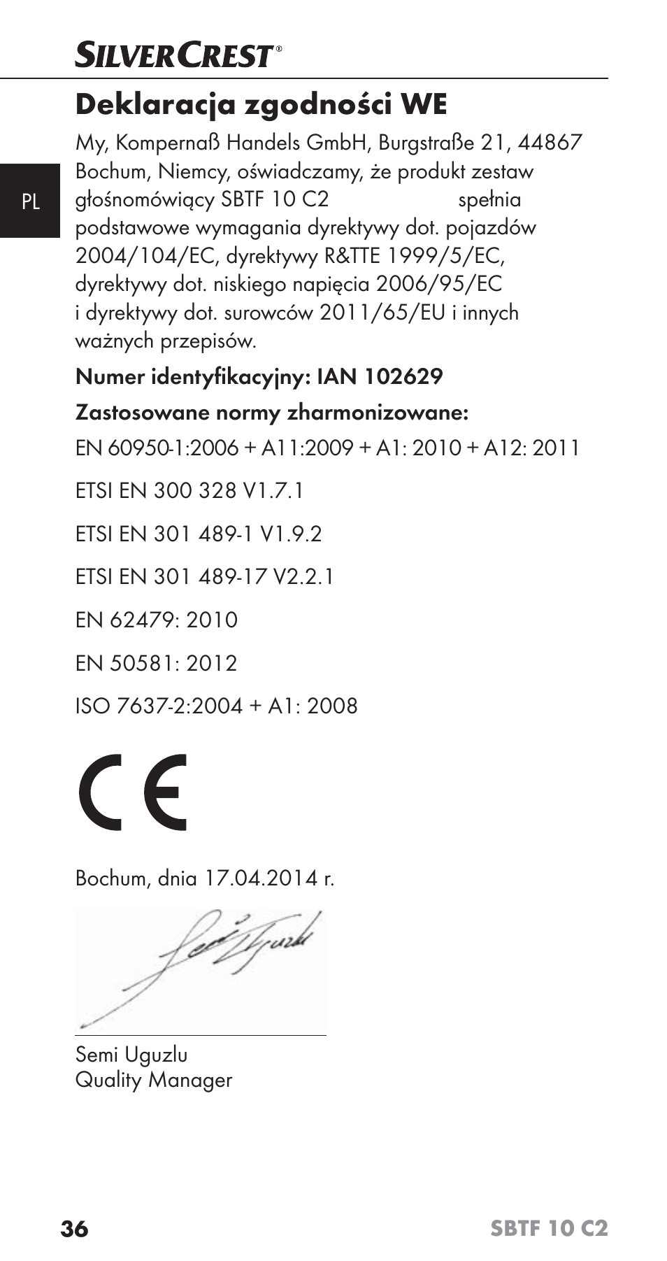 Deklaracja zgodności we | Silvercrest SBTF 10 C2 User Manual | Page 39 / 126