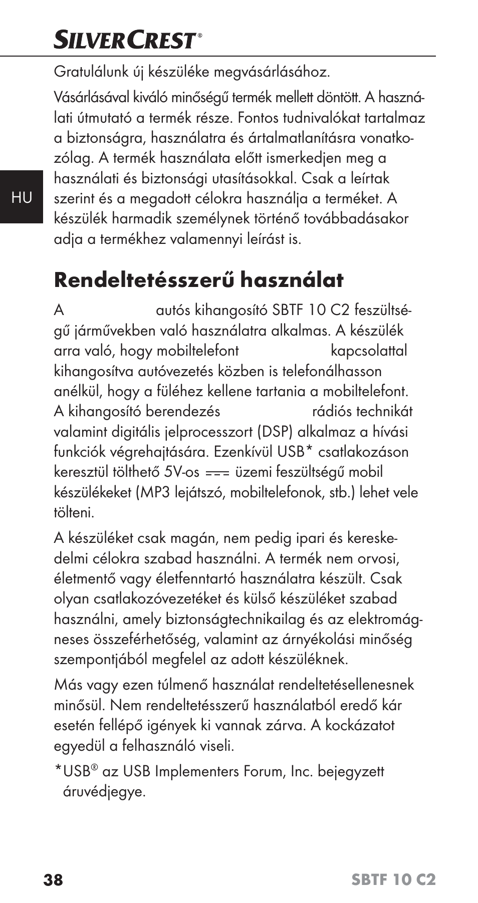 Rendeltetésszerű használat | Silvercrest SBTF 10 C2 User Manual | Page 41 / 126