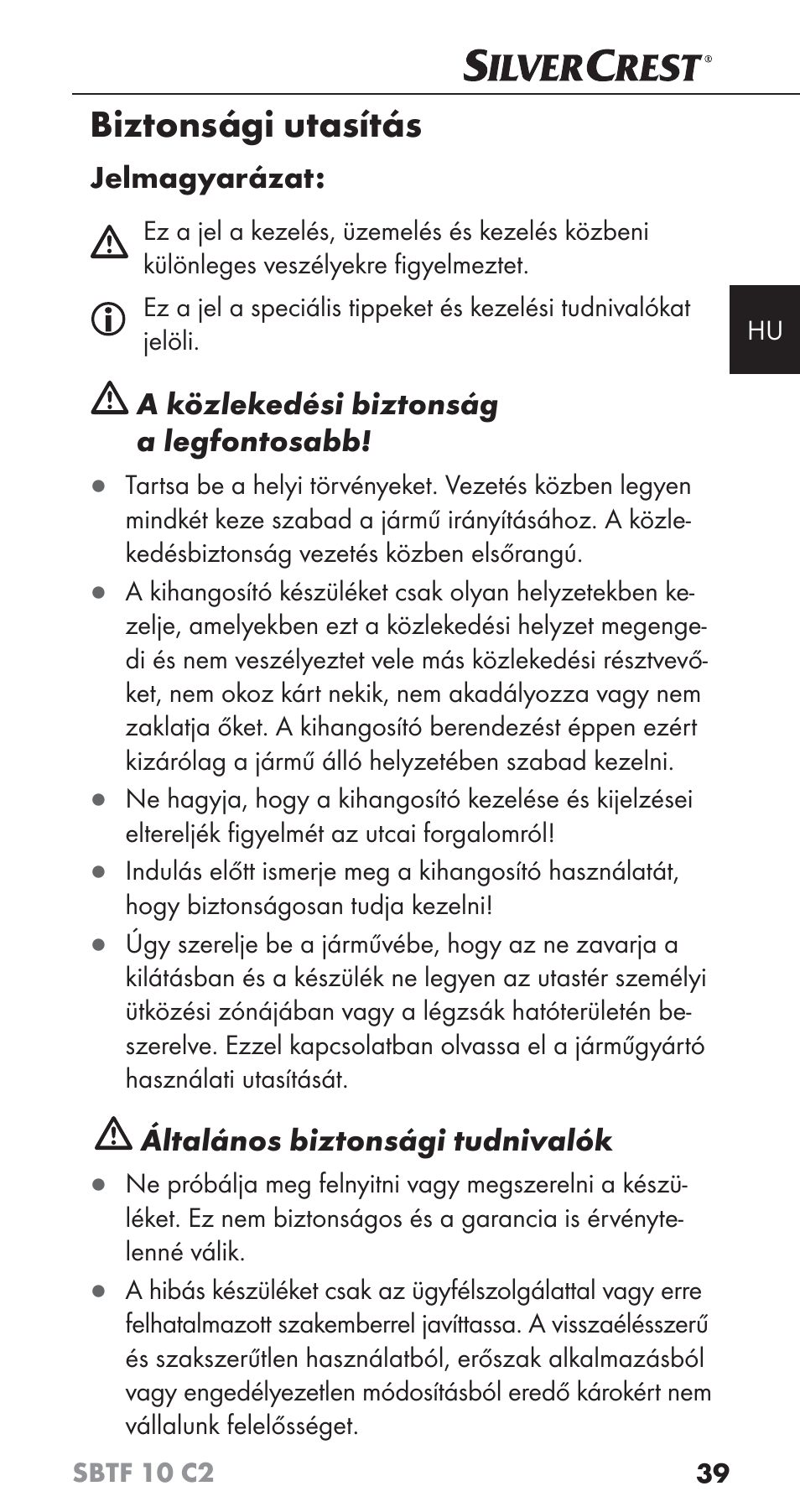 Biztonsági utasítás | Silvercrest SBTF 10 C2 User Manual | Page 42 / 126