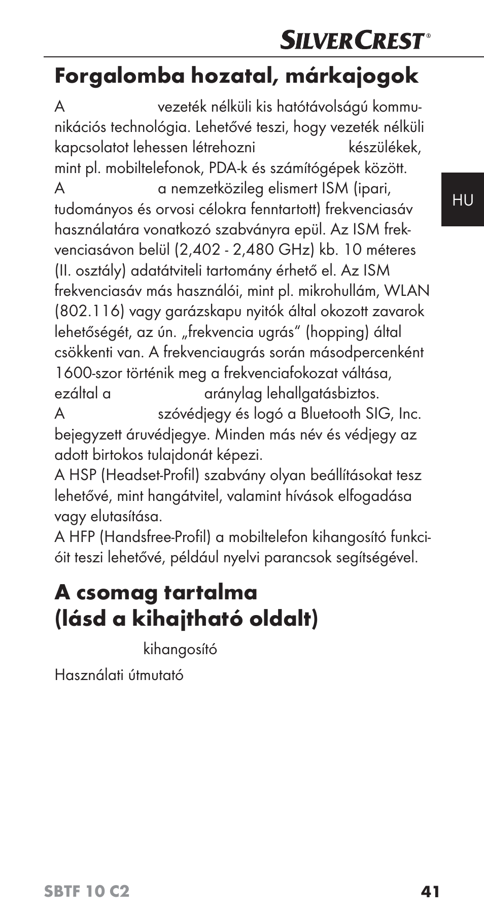 Forgalomba hozatal, márkajogok, A csomag tartalma (lásd a kihajtható oldalt) | Silvercrest SBTF 10 C2 User Manual | Page 44 / 126