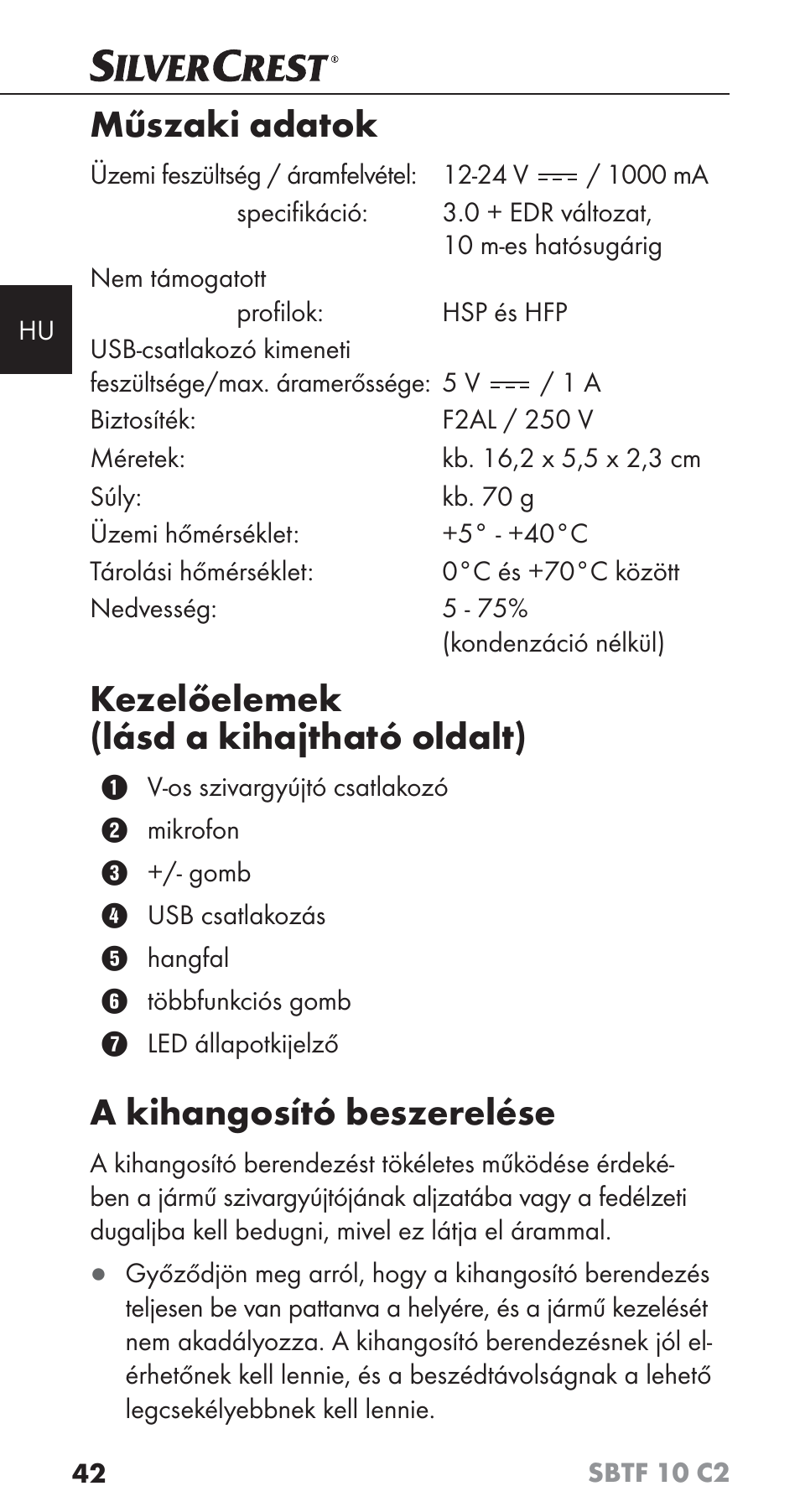 Műszaki adatok, Kezelőelemek (lásd a kihajtható oldalt), A kihangosító beszerelése | Silvercrest SBTF 10 C2 User Manual | Page 45 / 126