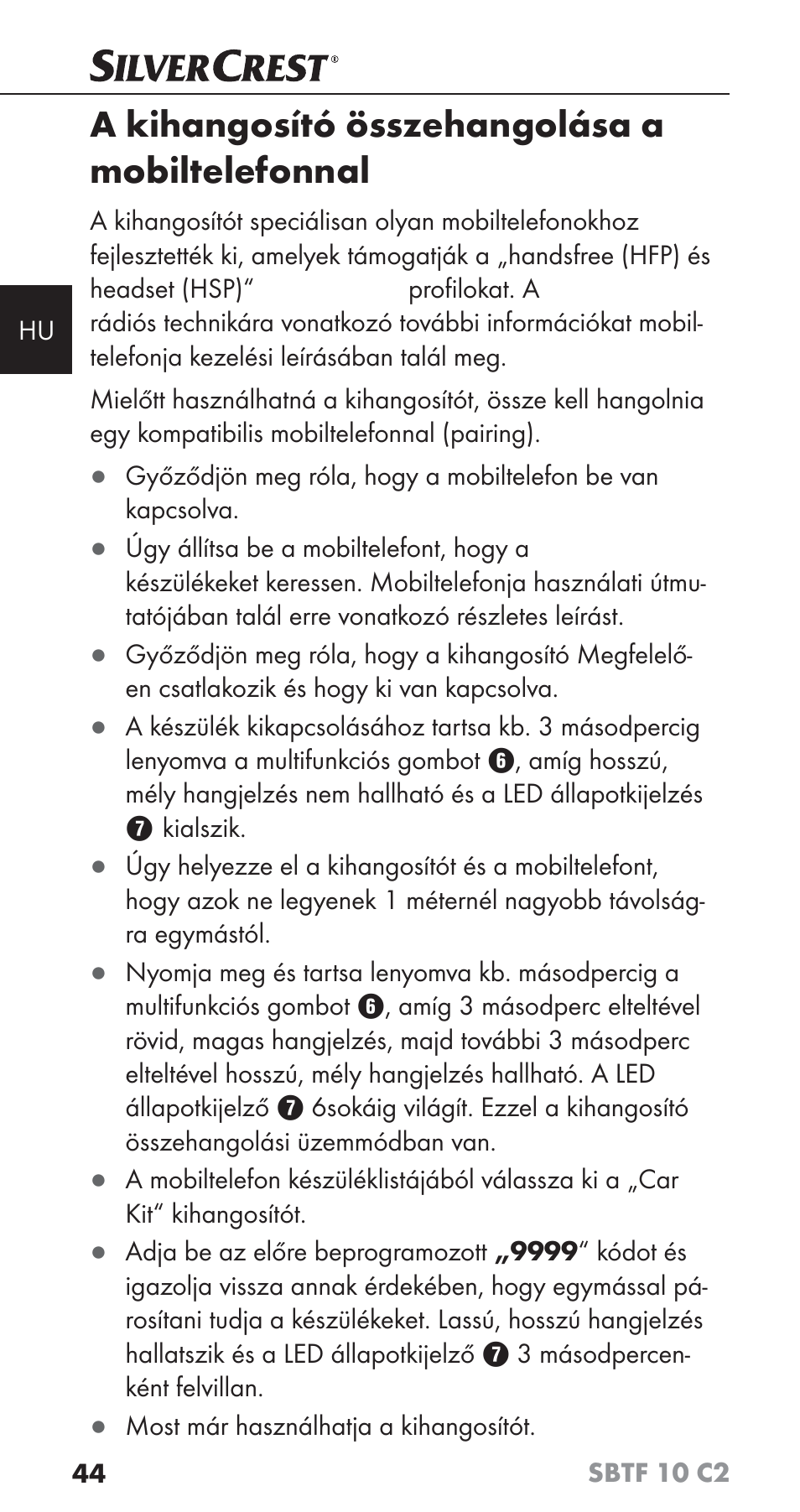 A kihangosító összehangolása a mobiltelefonnal | Silvercrest SBTF 10 C2 User Manual | Page 47 / 126