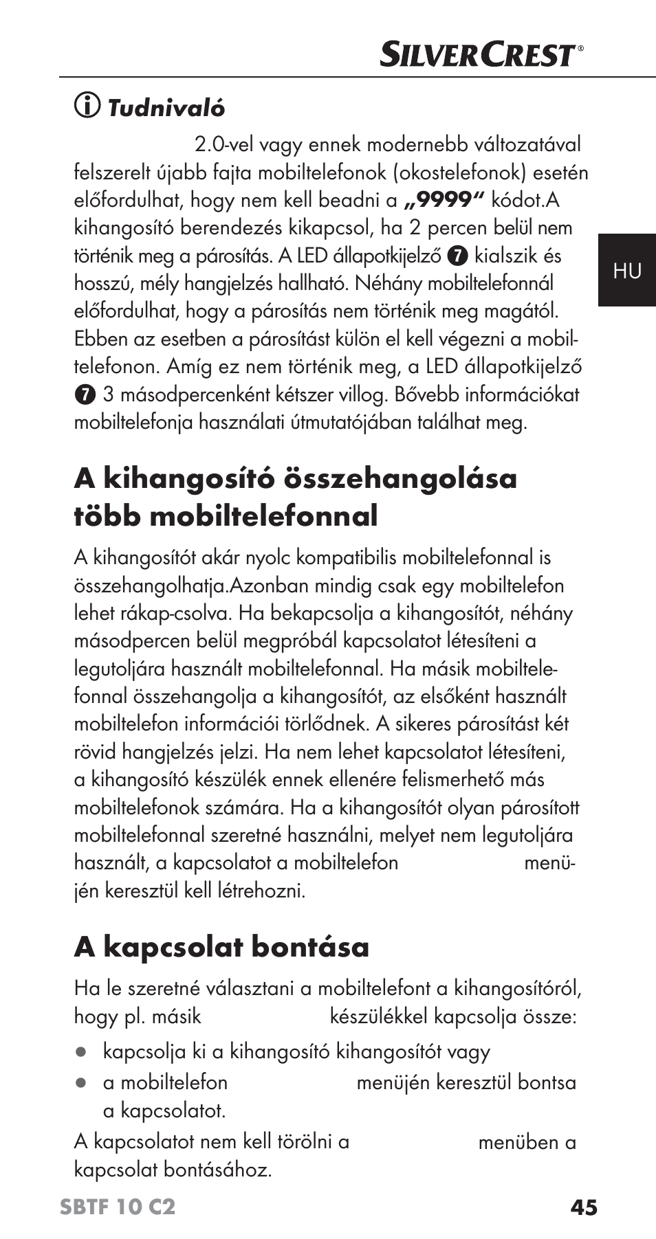 A kihangosító összehangolása több mobiltelefonnal, A kapcsolat bontása, Tudnivaló | Silvercrest SBTF 10 C2 User Manual | Page 48 / 126