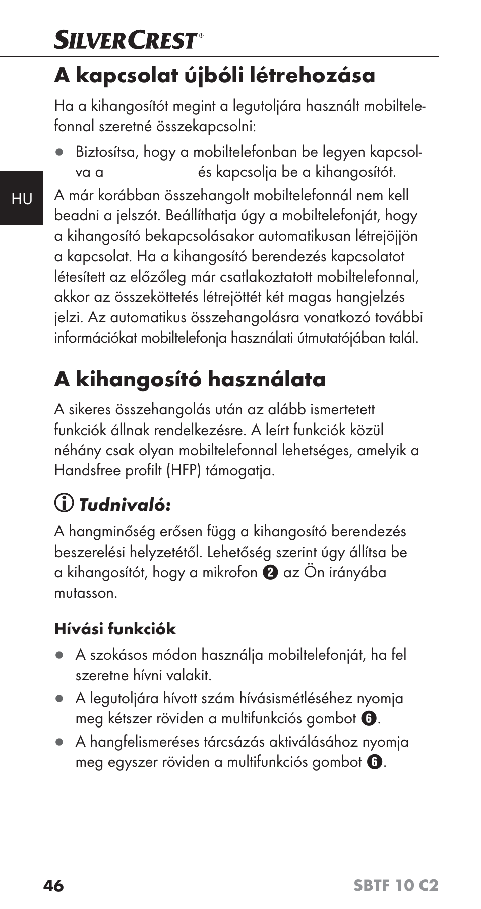 A kapcsolat újbóli létrehozása, A kihangosító használata | Silvercrest SBTF 10 C2 User Manual | Page 49 / 126