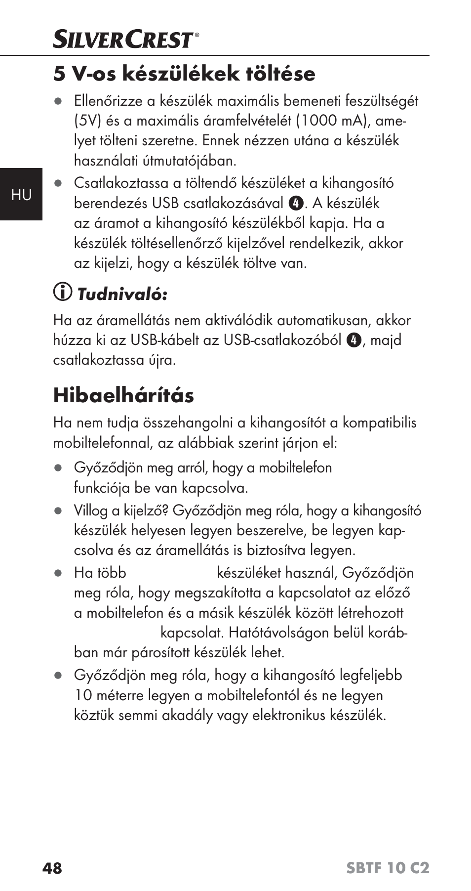 5 v-os készülékek töltése, Hibaelhárítás, Tudnivaló | Silvercrest SBTF 10 C2 User Manual | Page 51 / 126