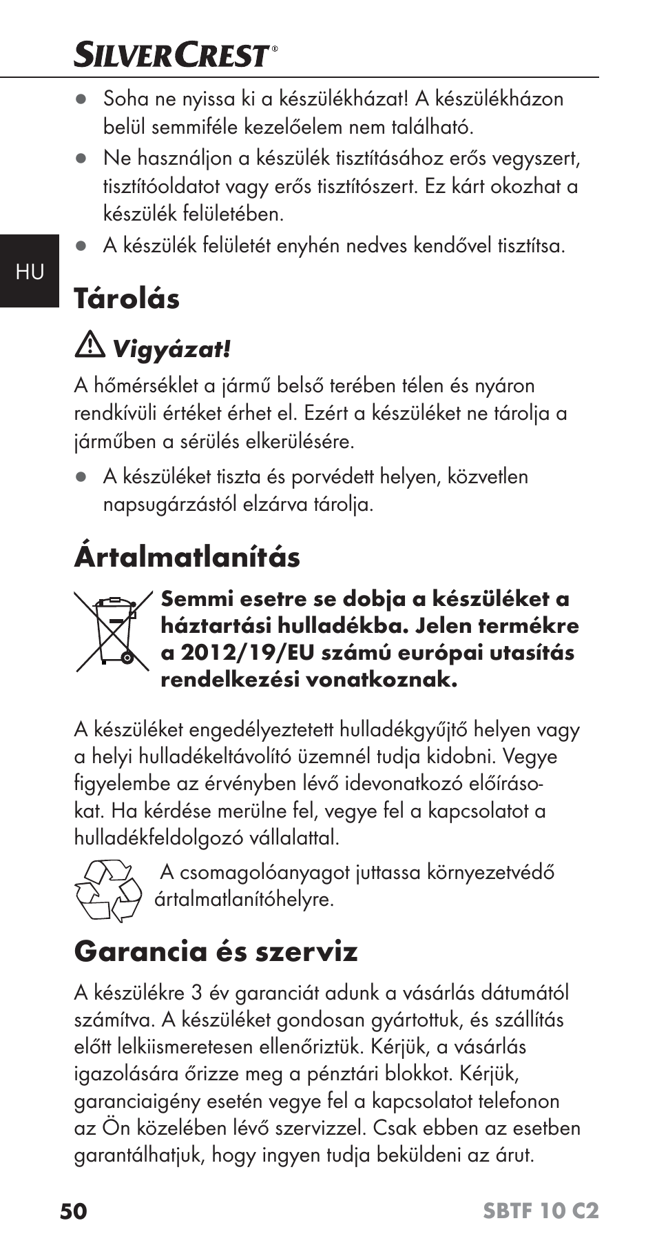 Tárolás, Ártalmatlanítás, Garancia és szerviz | Silvercrest SBTF 10 C2 User Manual | Page 53 / 126