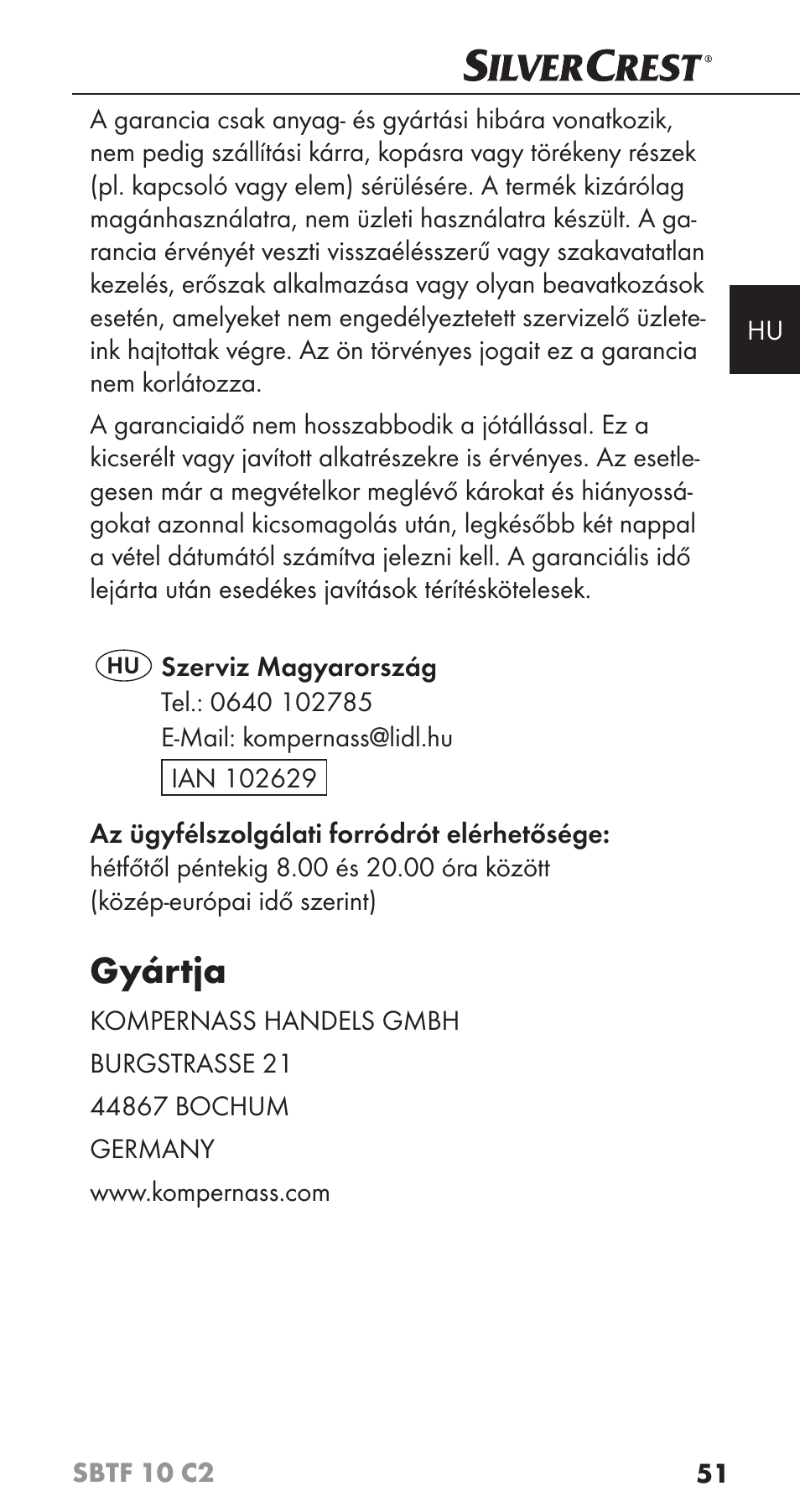 Gyártja | Silvercrest SBTF 10 C2 User Manual | Page 54 / 126