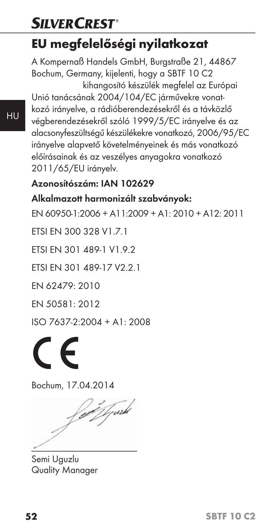 Eu megfelelőségi nyilatkozat | Silvercrest SBTF 10 C2 User Manual | Page 55 / 126