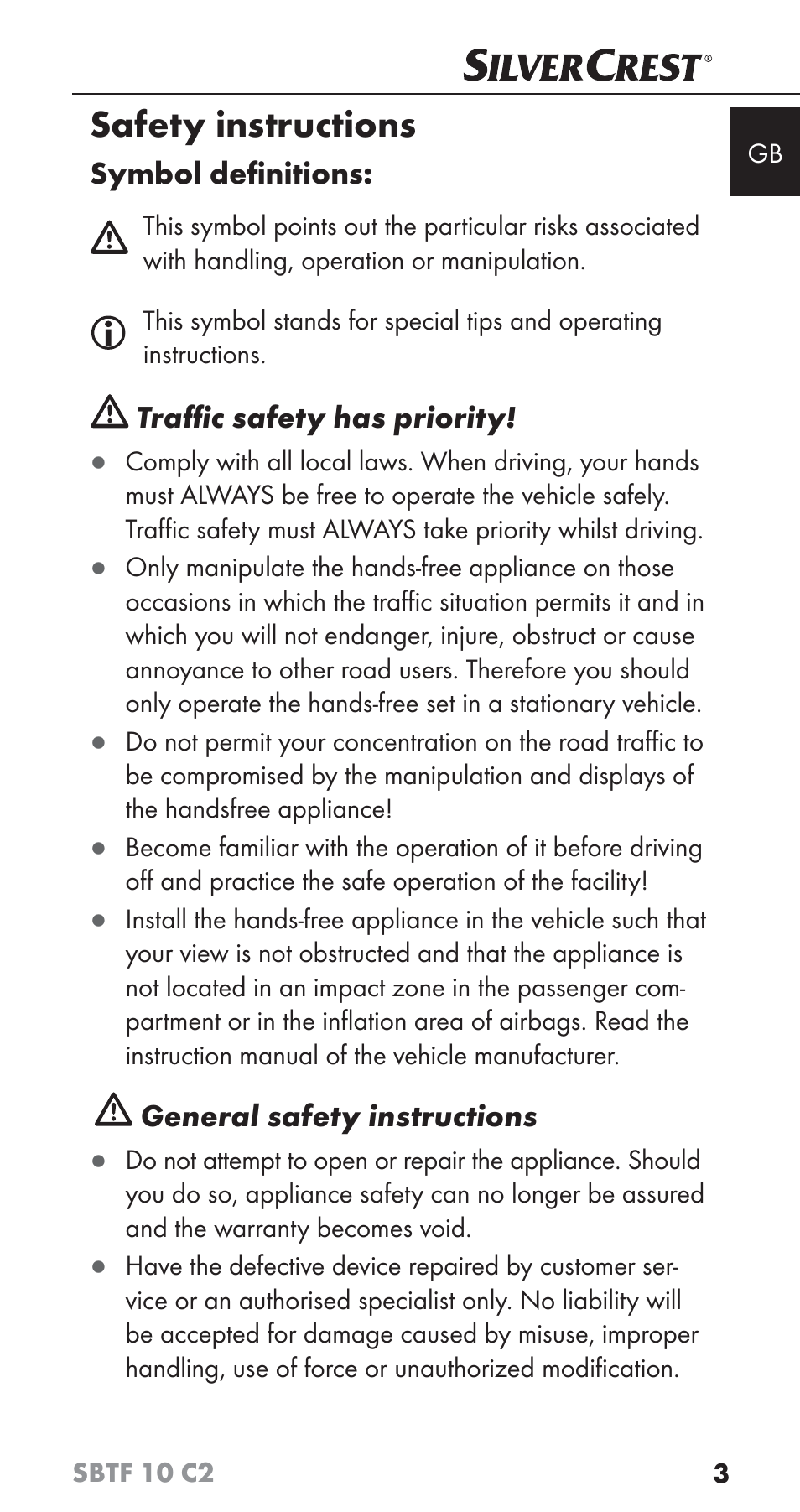 Safety instructions | Silvercrest SBTF 10 C2 User Manual | Page 6 / 126