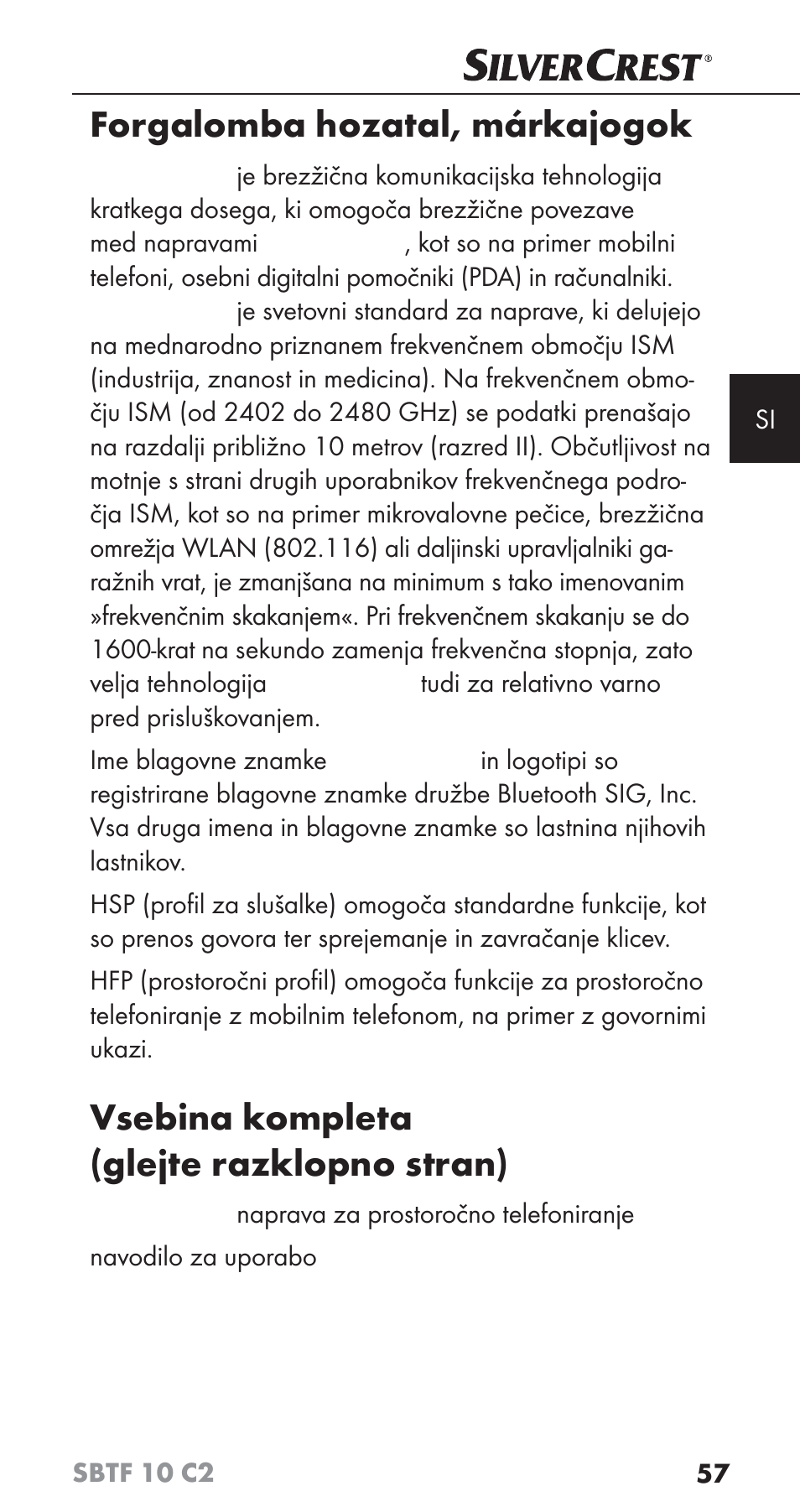 Forgalomba hozatal, márkajogok, Vsebina kompleta (glejte razklopno stran) | Silvercrest SBTF 10 C2 User Manual | Page 60 / 126