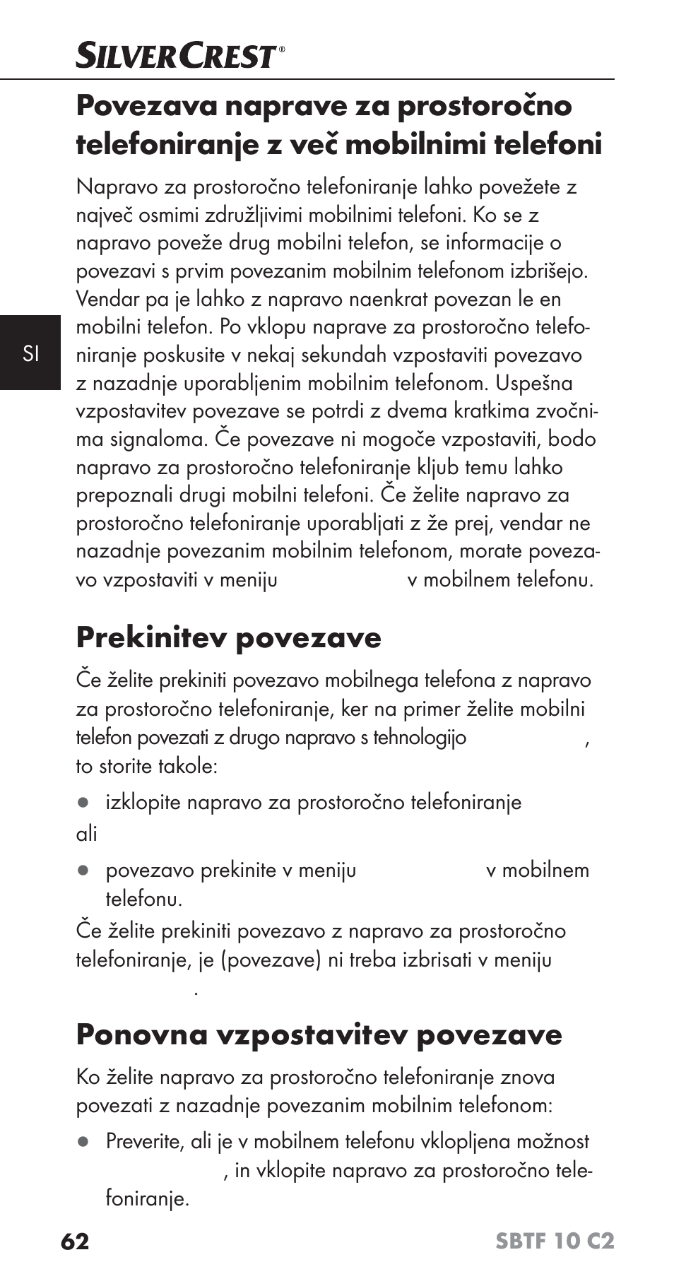 Prekinitev povezave, Ponovna vzpostavitev povezave | Silvercrest SBTF 10 C2 User Manual | Page 65 / 126