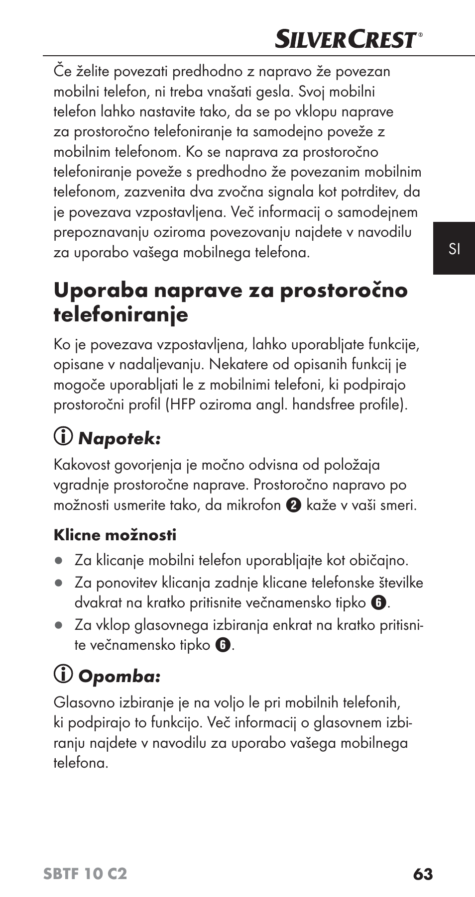 Uporaba naprave za prostoročno telefoniranje | Silvercrest SBTF 10 C2 User Manual | Page 66 / 126