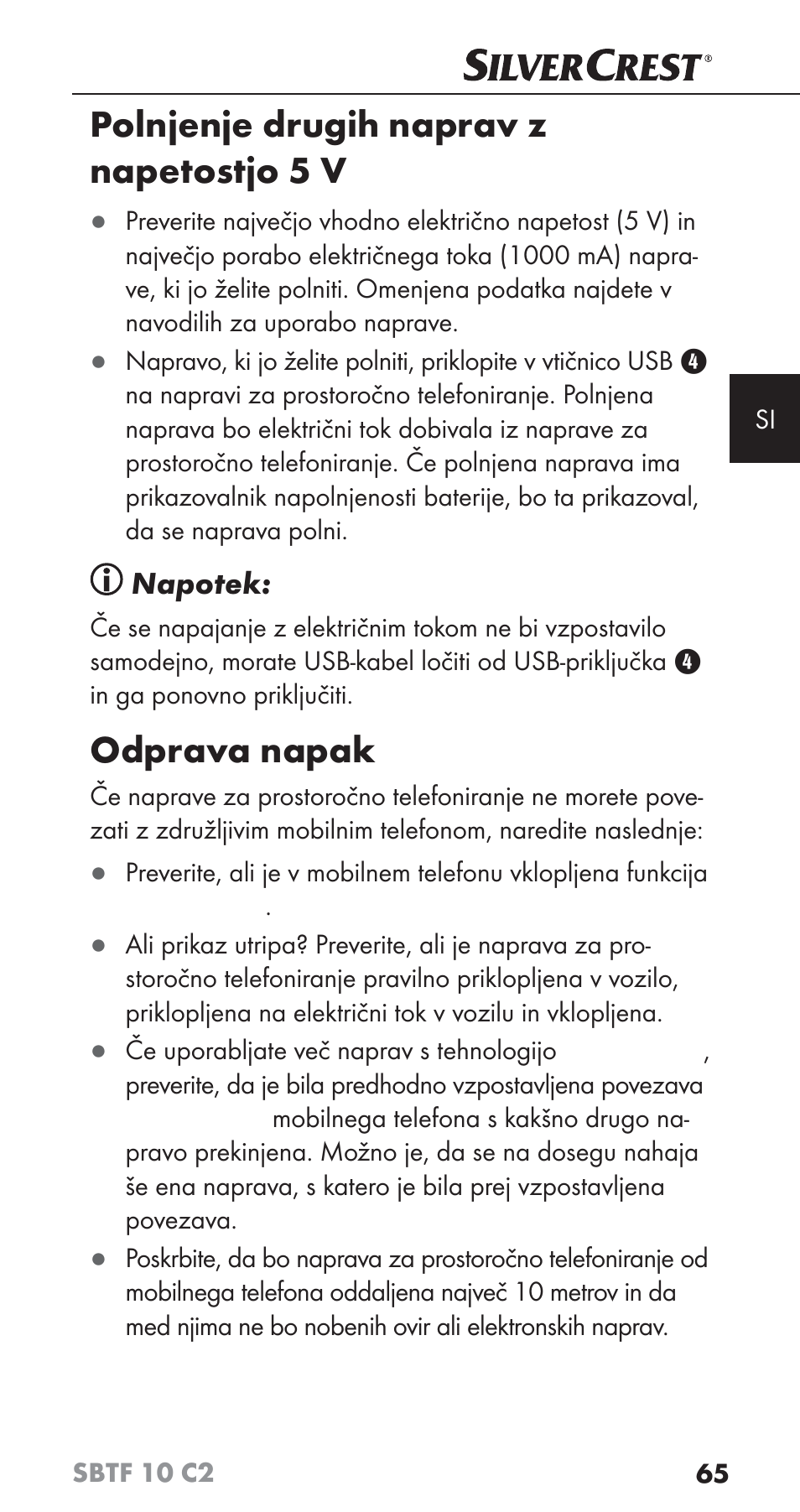 Polnjenje drugih naprav z napetostjo 5 v, Odprava napak, Napotek | Silvercrest SBTF 10 C2 User Manual | Page 68 / 126