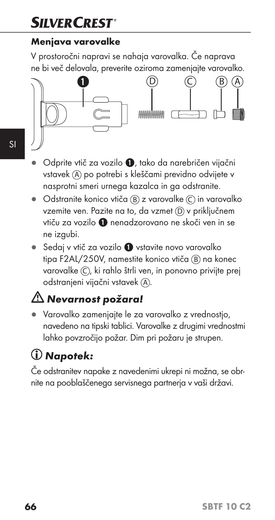 Nevarnost požara, Napotek | Silvercrest SBTF 10 C2 User Manual | Page 69 / 126