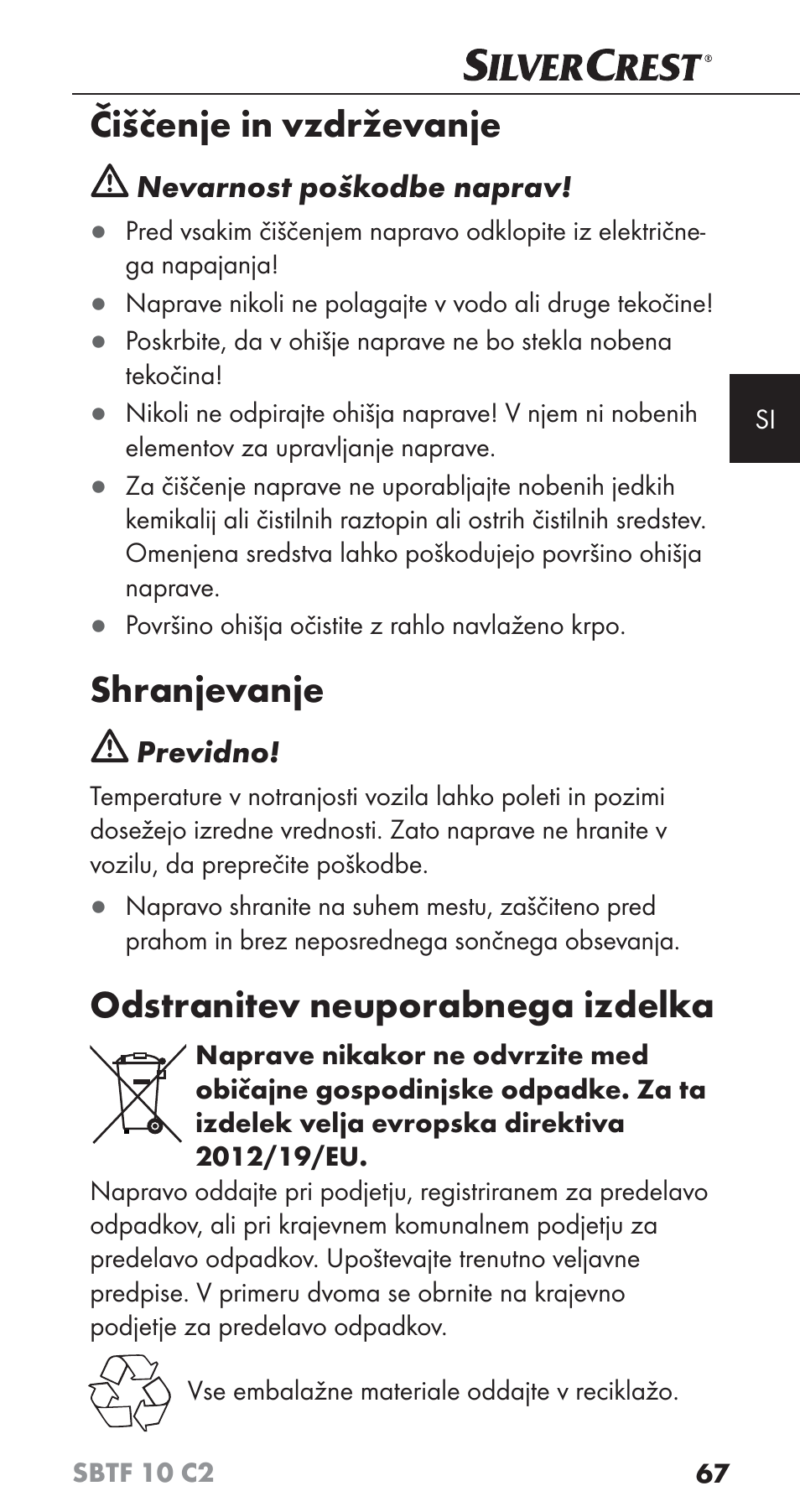 Čiščenje in vzdrževanje, Shranjevanje, Odstranitev neuporabnega izdelka | Silvercrest SBTF 10 C2 User Manual | Page 70 / 126