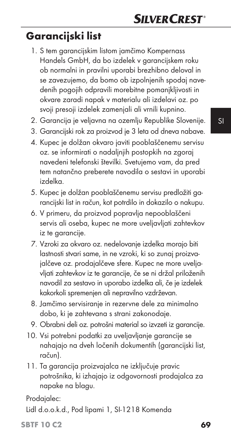 Garancijski list | Silvercrest SBTF 10 C2 User Manual | Page 72 / 126