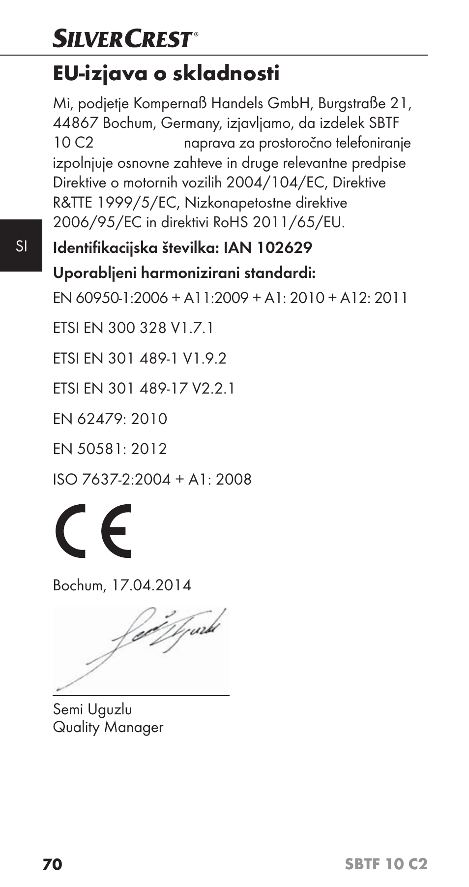 Eu-izjava o skladnosti | Silvercrest SBTF 10 C2 User Manual | Page 73 / 126