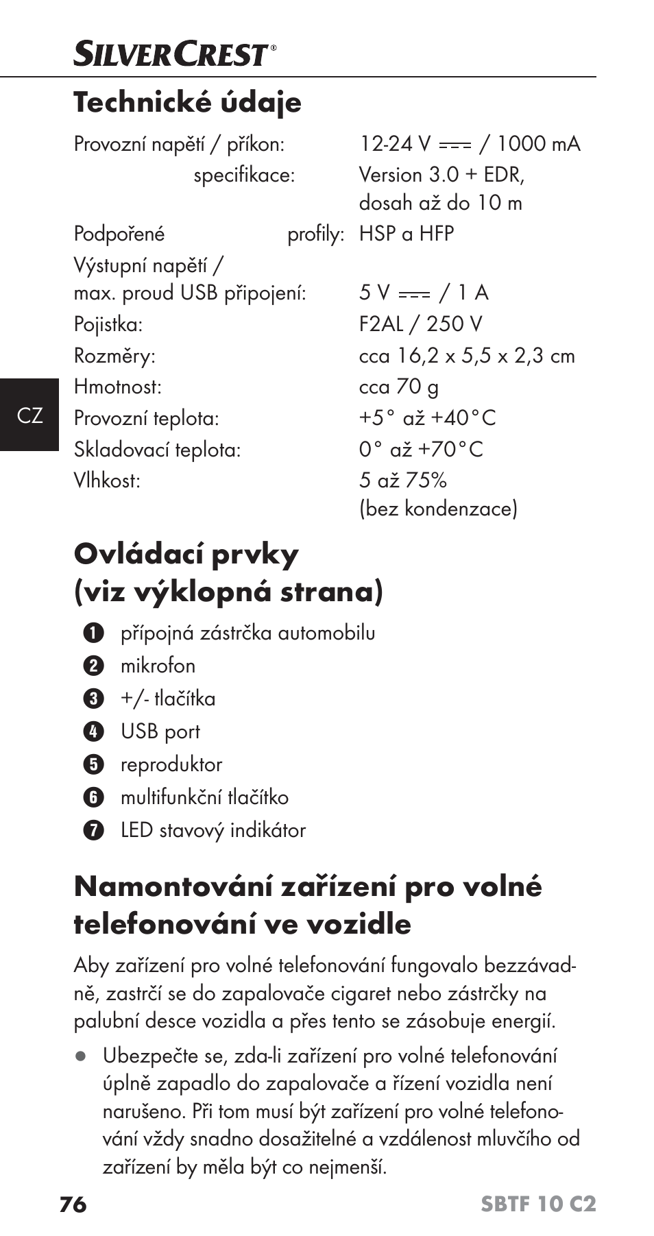 Technické údaje, Ovládací prvky (viz výklopná strana) | Silvercrest SBTF 10 C2 User Manual | Page 79 / 126