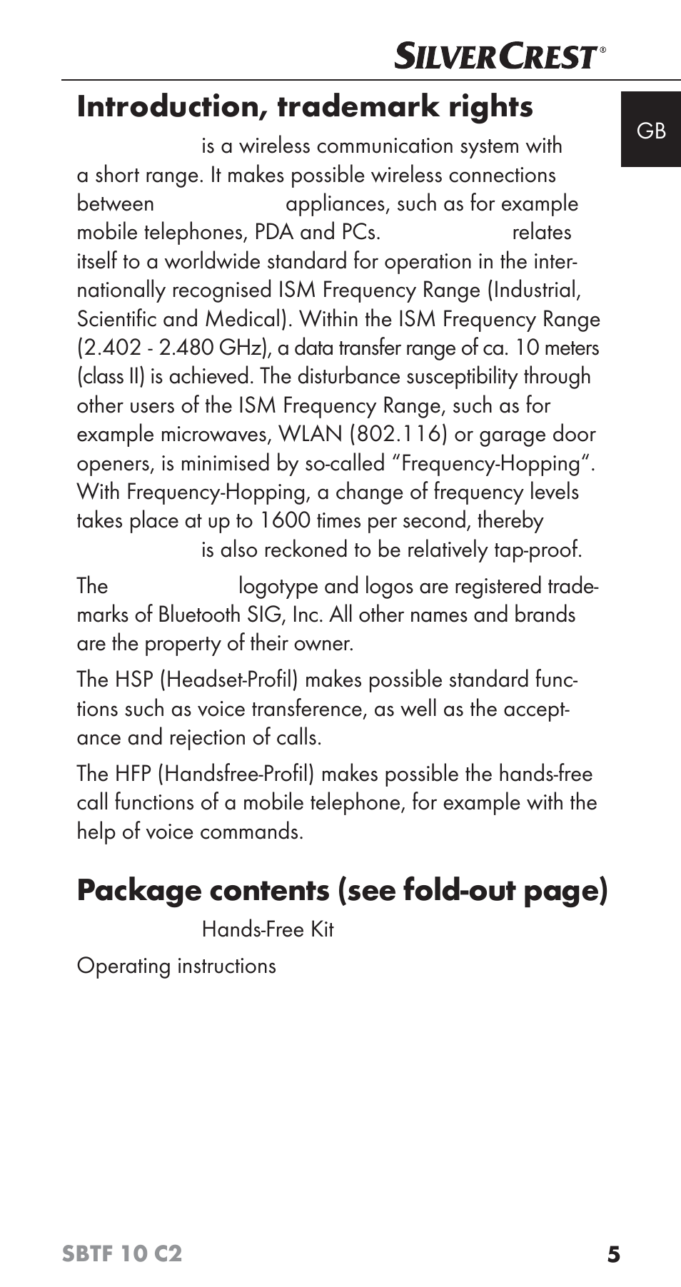 Introduction, trademark rights, Package contents (see fold-out page) | Silvercrest SBTF 10 C2 User Manual | Page 8 / 126