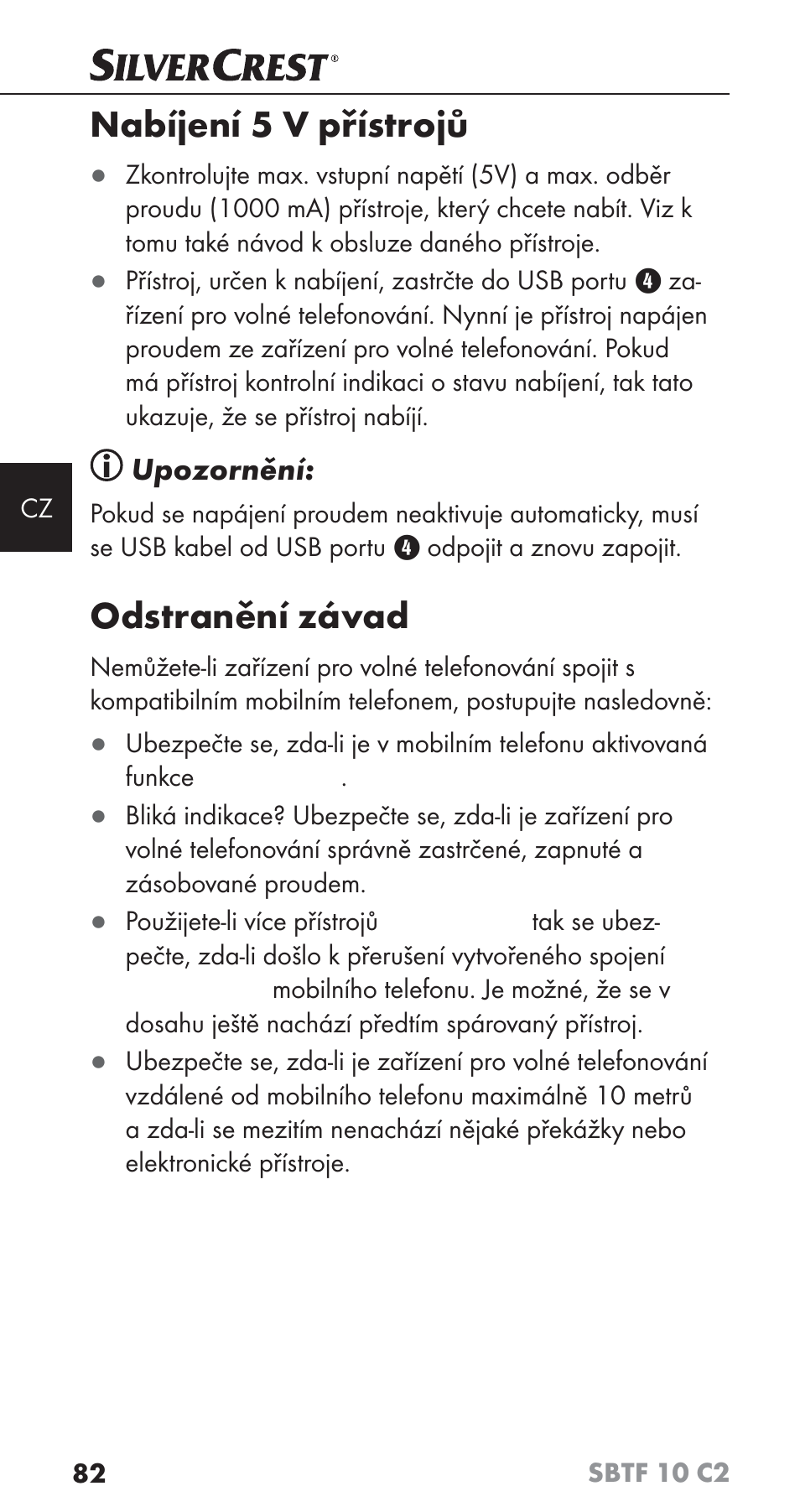Nabíjení 5 v přístrojů, Odstranění závad, Upozornění | Silvercrest SBTF 10 C2 User Manual | Page 85 / 126
