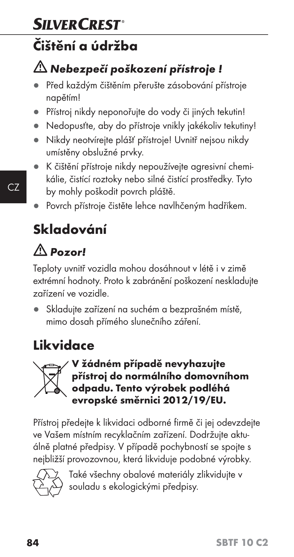 Čištění a údržba, Skladování, Likvidace | Silvercrest SBTF 10 C2 User Manual | Page 87 / 126