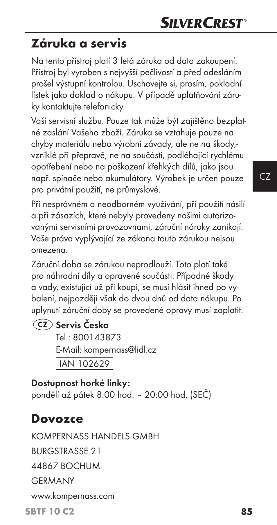 Záruka a servis, Dovozce | Silvercrest SBTF 10 C2 User Manual | Page 88 / 126
