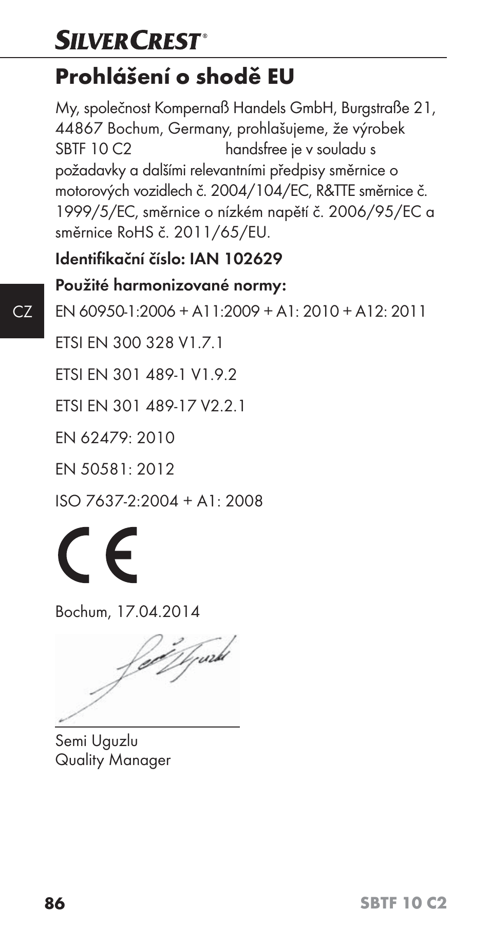 Prohlášení o shodě eu | Silvercrest SBTF 10 C2 User Manual | Page 89 / 126